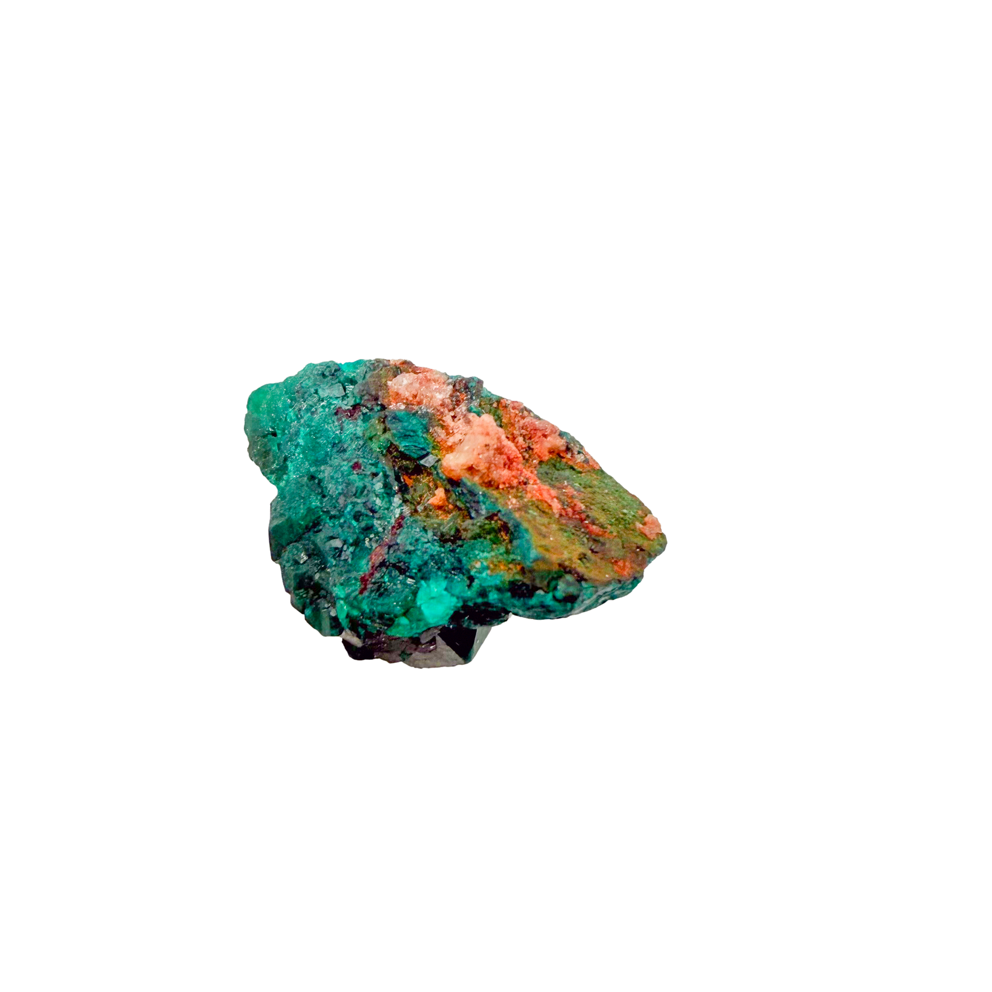 Raw dioptase crystal specimen from the Republic of the Congo, deep emerald-green druzy on matrix, specimen 8, view 1