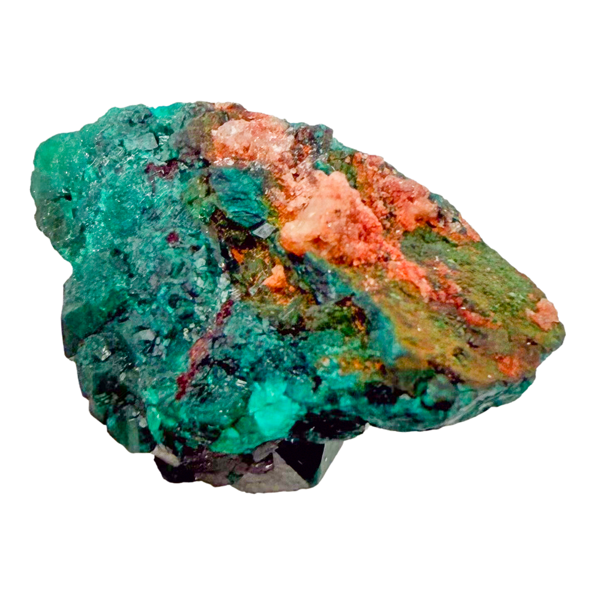 Raw dioptase crystal specimen from the Republic of the Congo, deep emerald-green druzy on matrix, specimen 8, view 1
