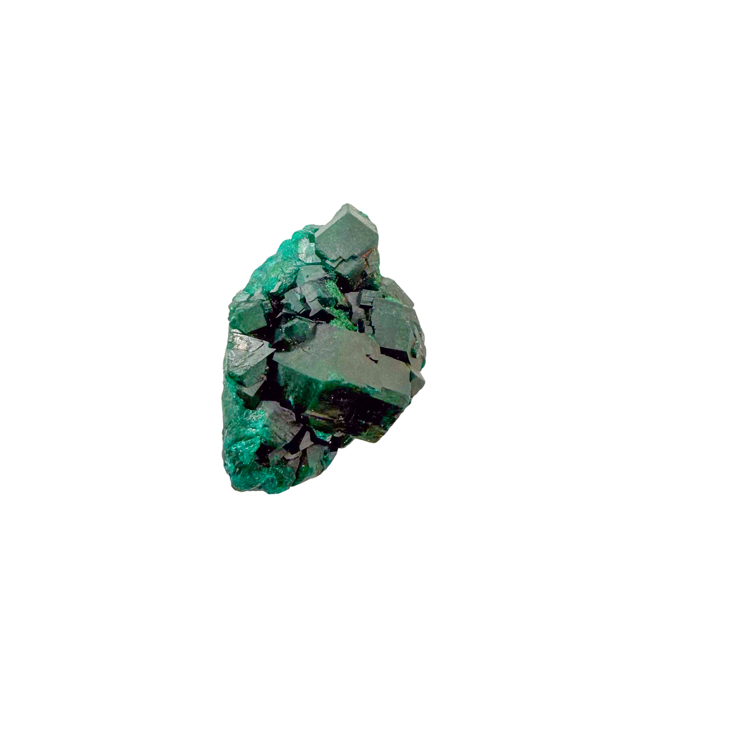 Raw dioptase crystal specimen from the Republic of the Congo, deep emerald-green druzy on matrix, specimen 8, view 3