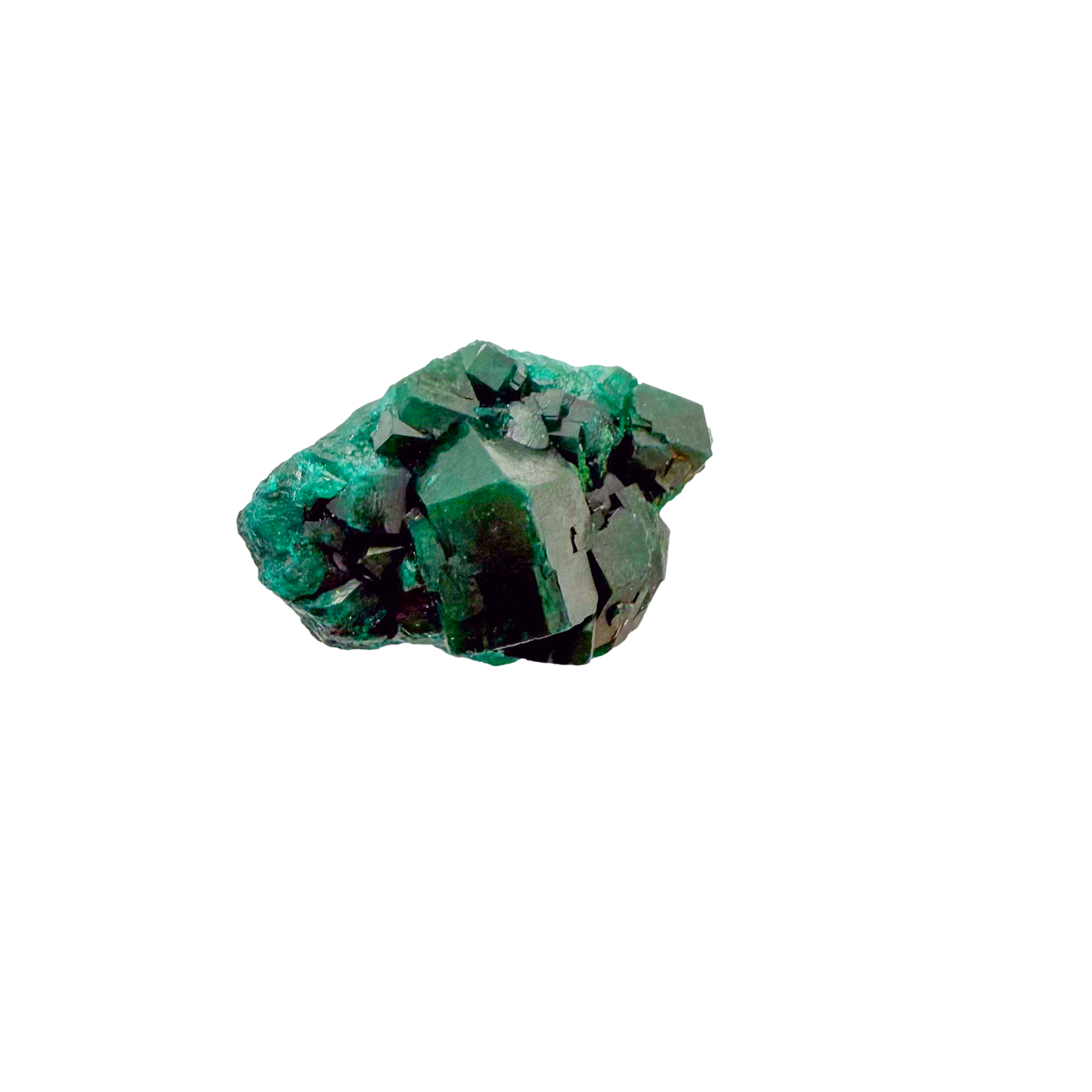 Raw dioptase crystal specimen from the Republic of the Congo, deep emerald-green druzy on matrix, specimen 8, view 4