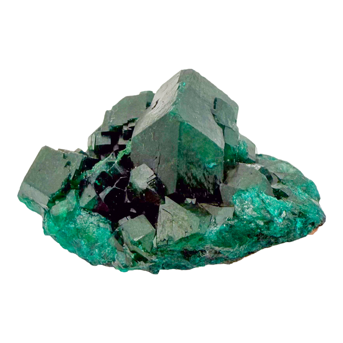 Raw dioptase crystal specimen from the Republic of the Congo, deep emerald-green druzy on matrix, specimen 8, view 5