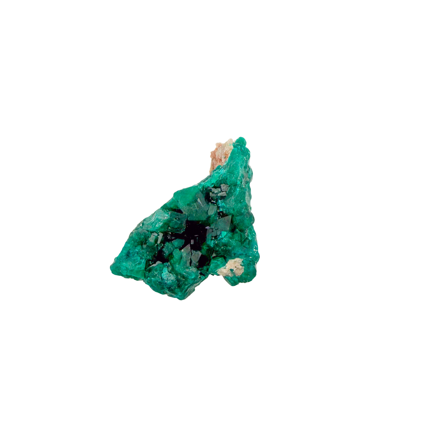 Raw dioptase crystal specimen from the Republic of the Congo, deep emerald-green druzy on matrix, specimen 9, view 1