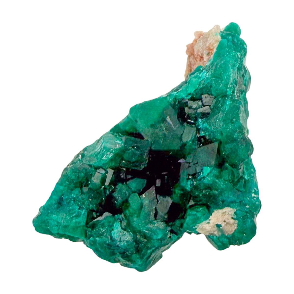 Raw dioptase crystal specimen from the Republic of the Congo, deep emerald-green druzy on matrix, specimen 9, view 1