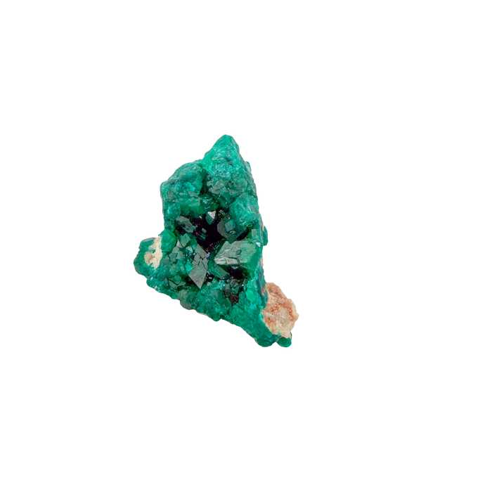 Raw dioptase crystal specimen from the Republic of the Congo, deep emerald-green druzy on matrix, specimen 9, view 2