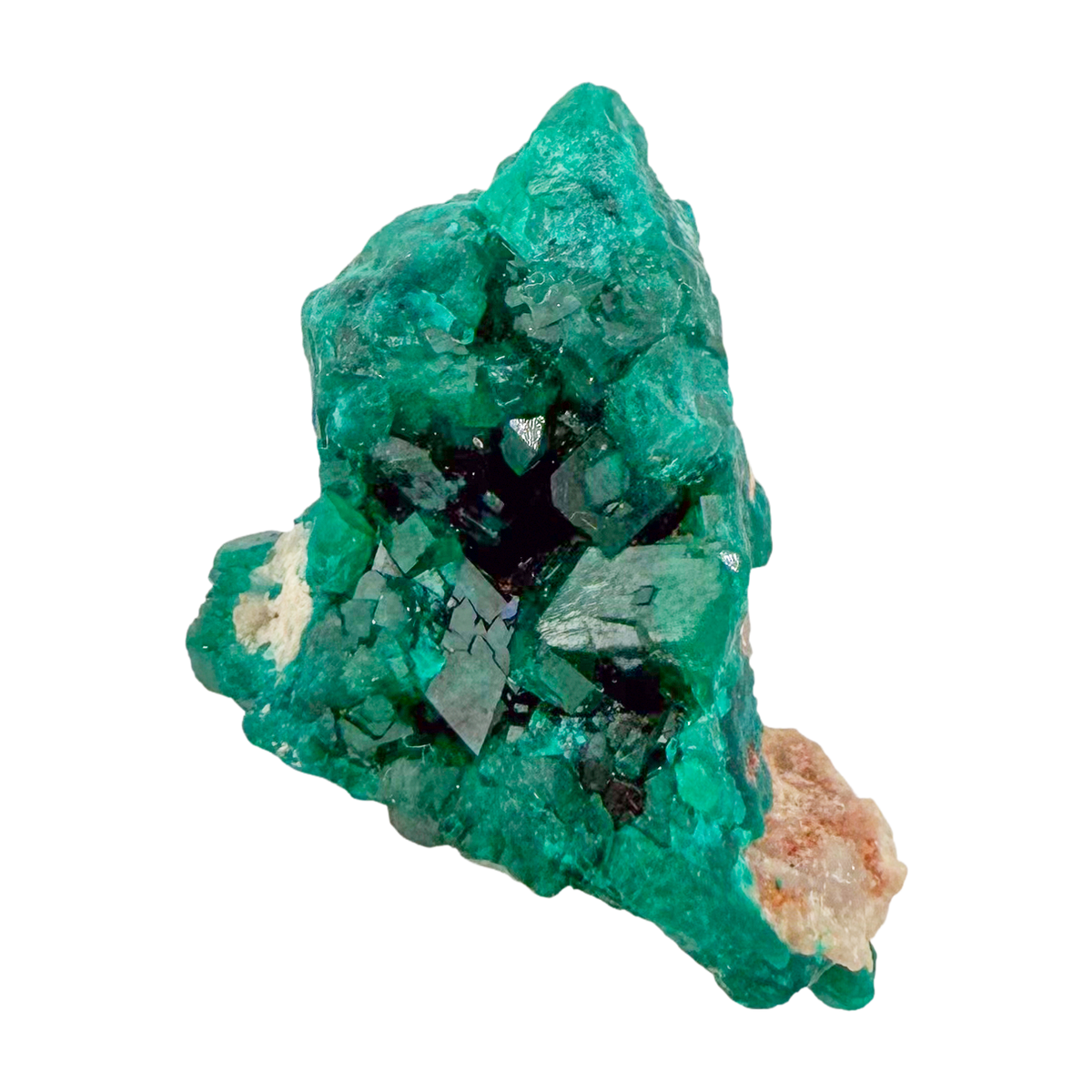 Raw dioptase crystal specimen from the Republic of the Congo, deep emerald-green druzy on matrix, specimen 9, view 2