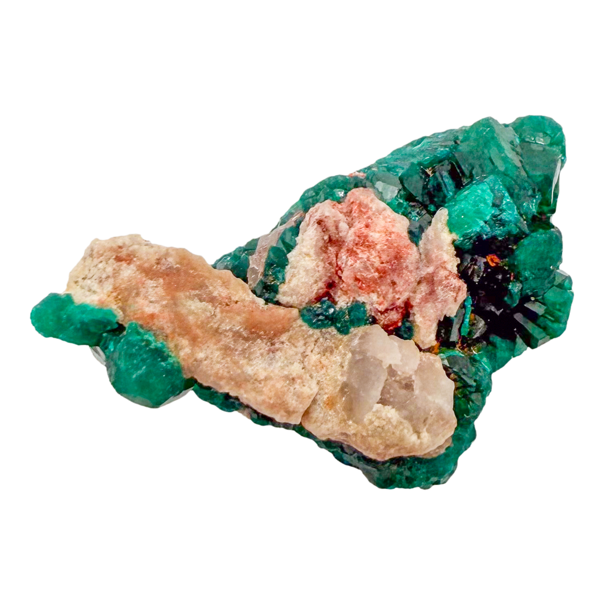 Raw dioptase crystal specimen from the Republic of the Congo, deep emerald-green druzy on matrix, specimen 9, view 3