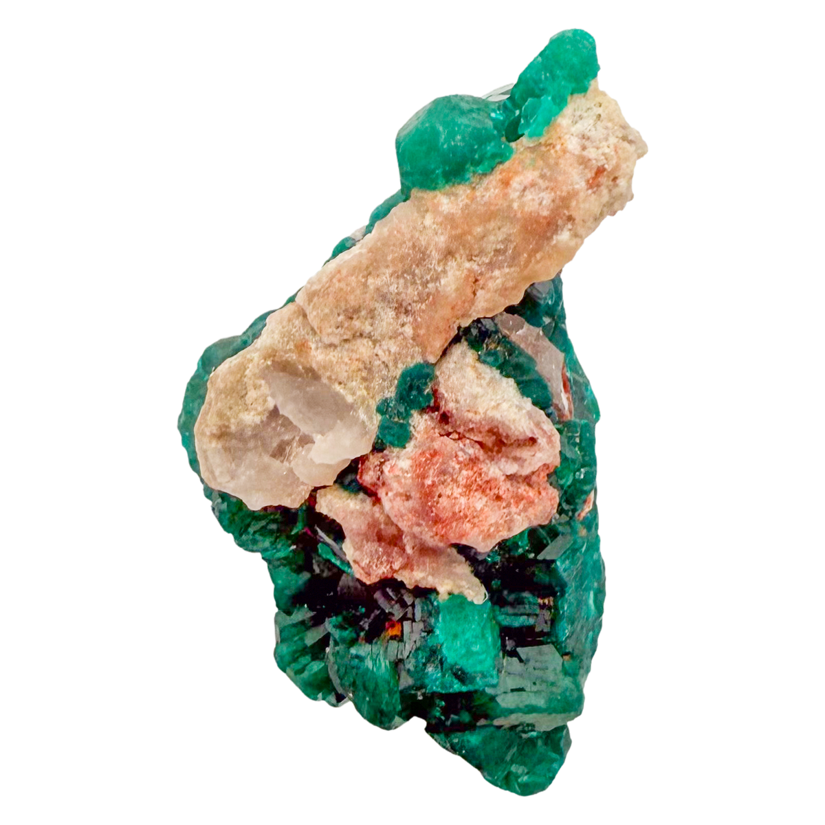 Raw dioptase crystal specimen from the Republic of the Congo, deep emerald-green druzy on matrix, specimen 9, view 4