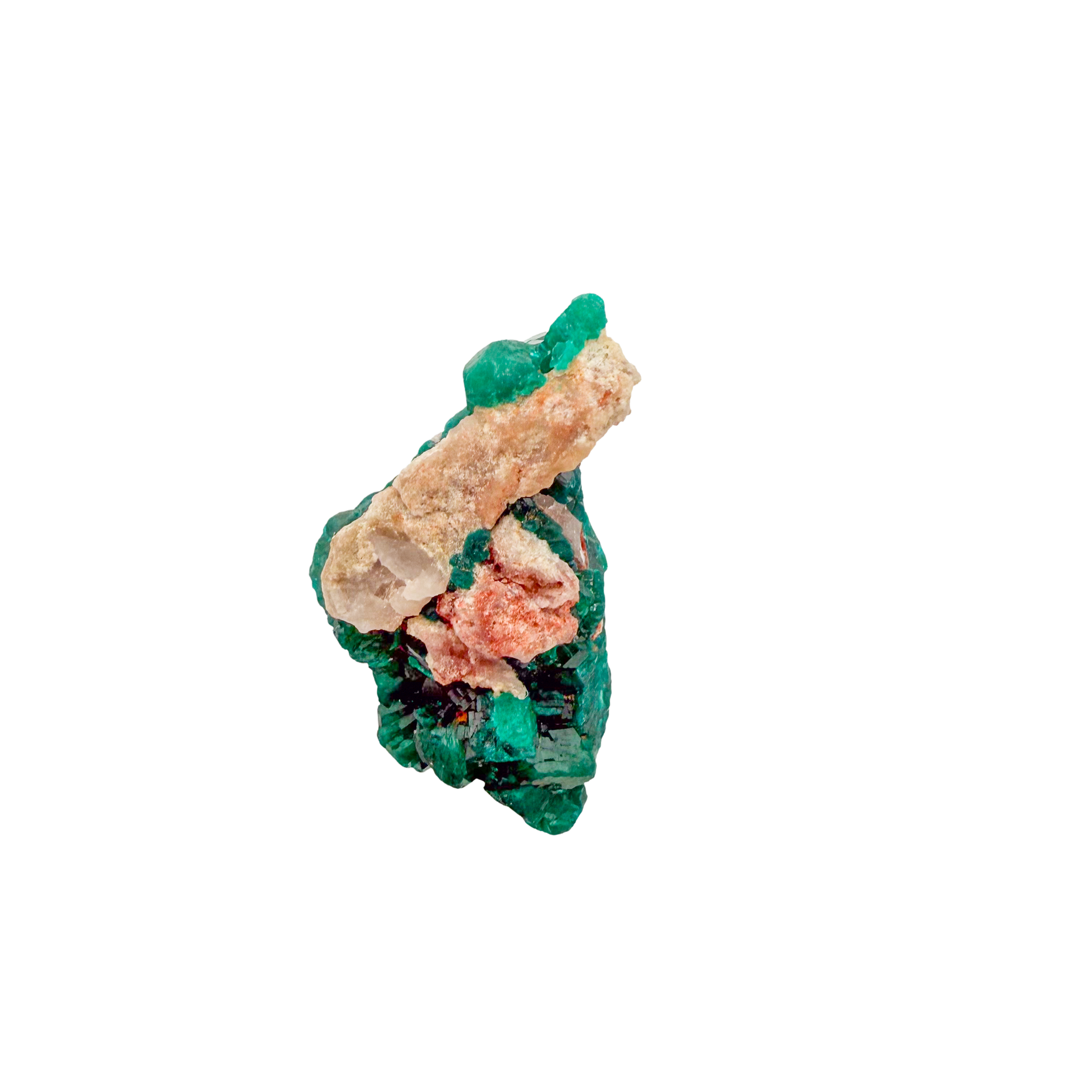 Raw dioptase crystal specimen from the Republic of the Congo, deep emerald-green druzy on matrix, specimen 9, view 4