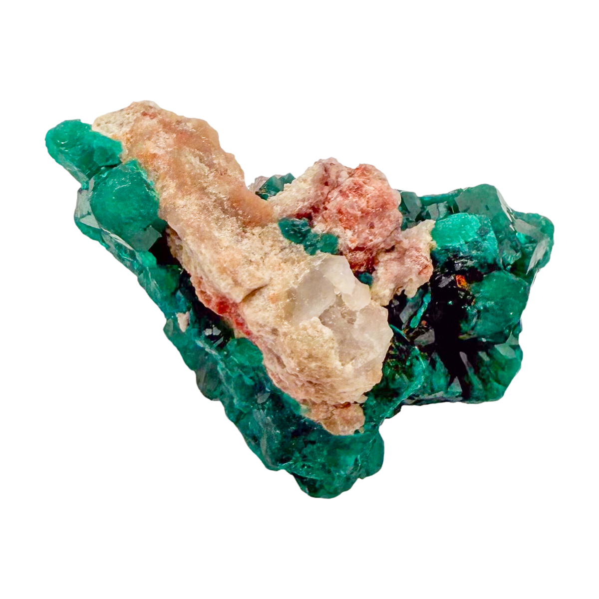Raw dioptase crystal specimen from the Republic of the Congo, deep emerald-green druzy on matrix, specimen 9, view 5