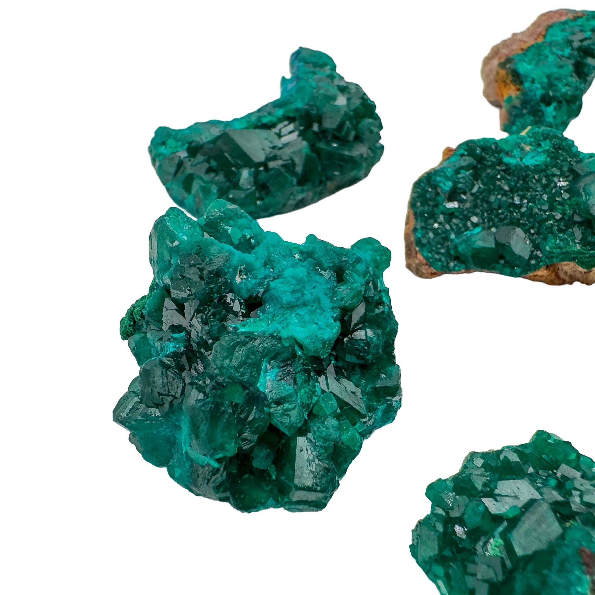 Rear view of Dioptase raw stone, kept near for Emotional Healing and Love, hand-selected from Renéville, Republic of the Congo.