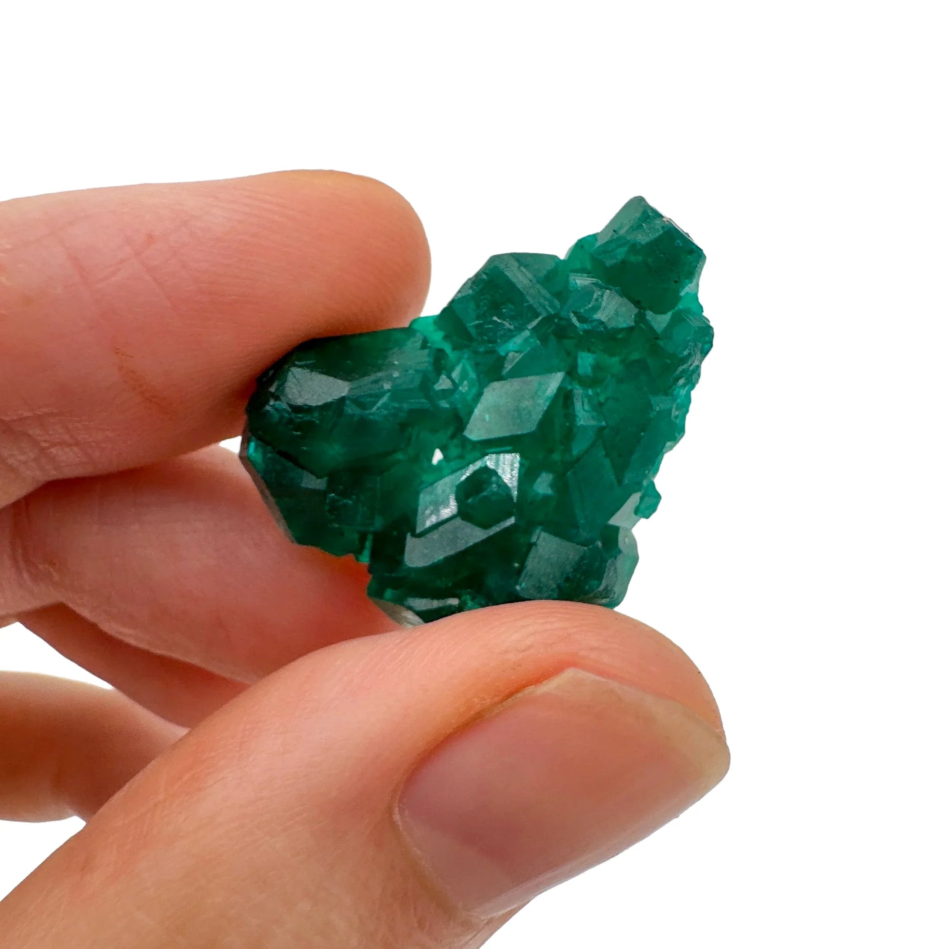 Resting display of Dioptase raw crystal, with weight visible in the palm.