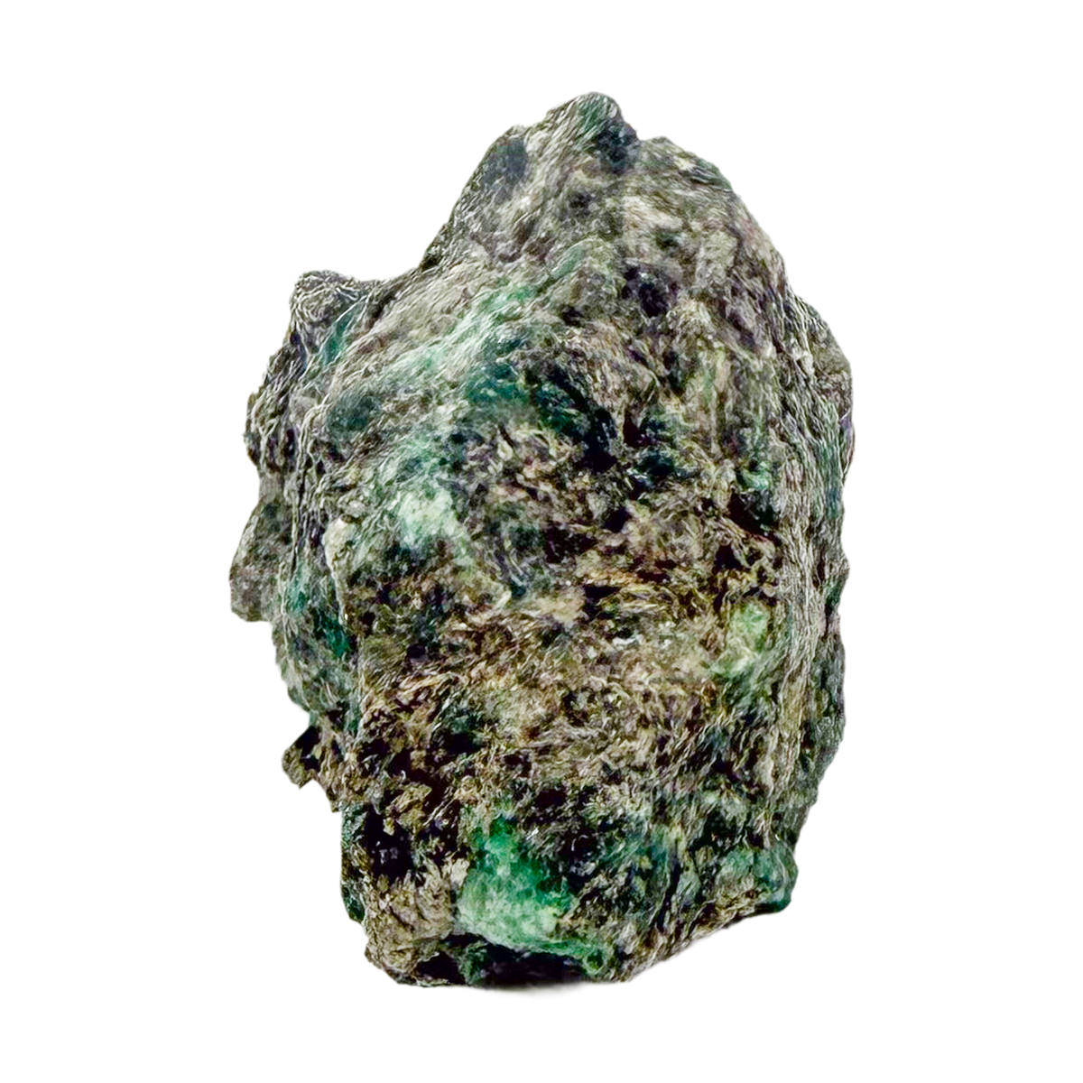 Raw emerald in matrix, side view showing green crystal pockets