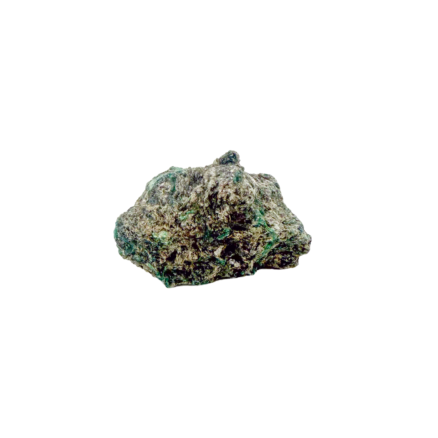 Raw emerald specimen, angled view of green beryl and silvery mica schist