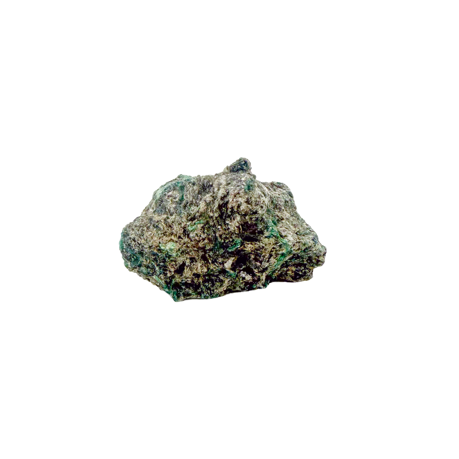 Raw emerald specimen, angled view of green beryl and silvery mica schist