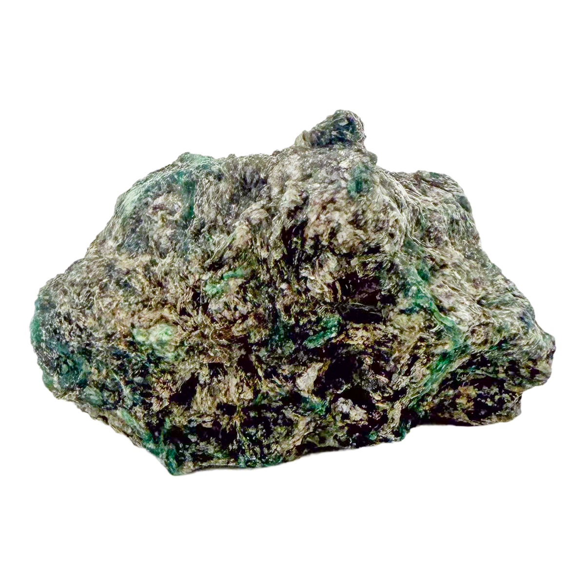 Raw emerald specimen, angled view of green beryl and silvery mica schist
