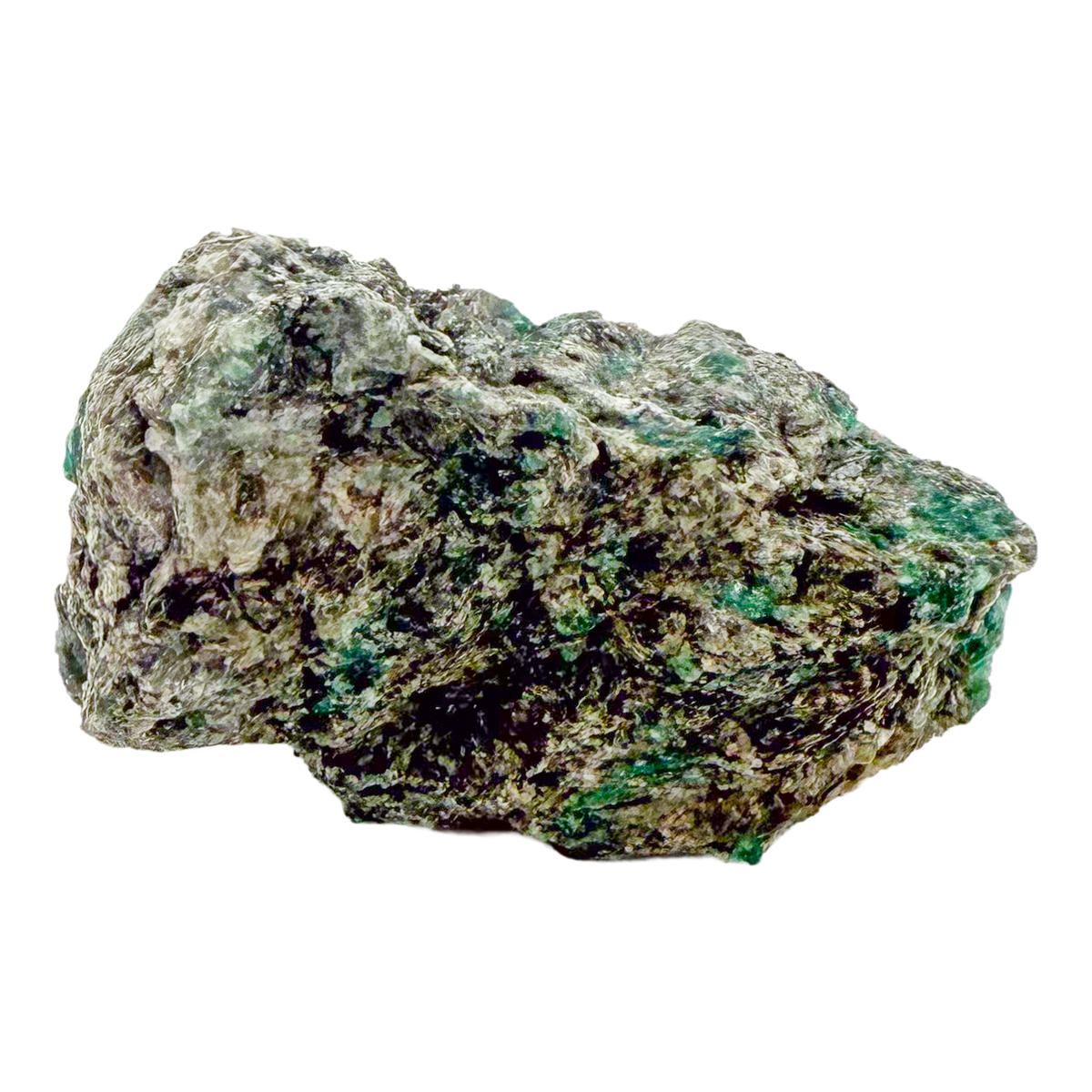 Raw emerald specimen, rear view of natural host rock