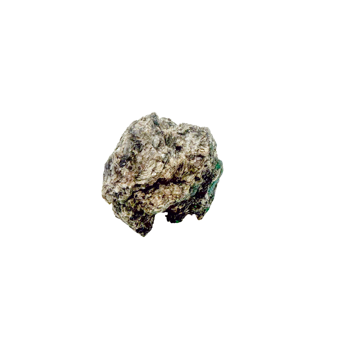 Raw emerald in matrix, side view showing green crystal pockets