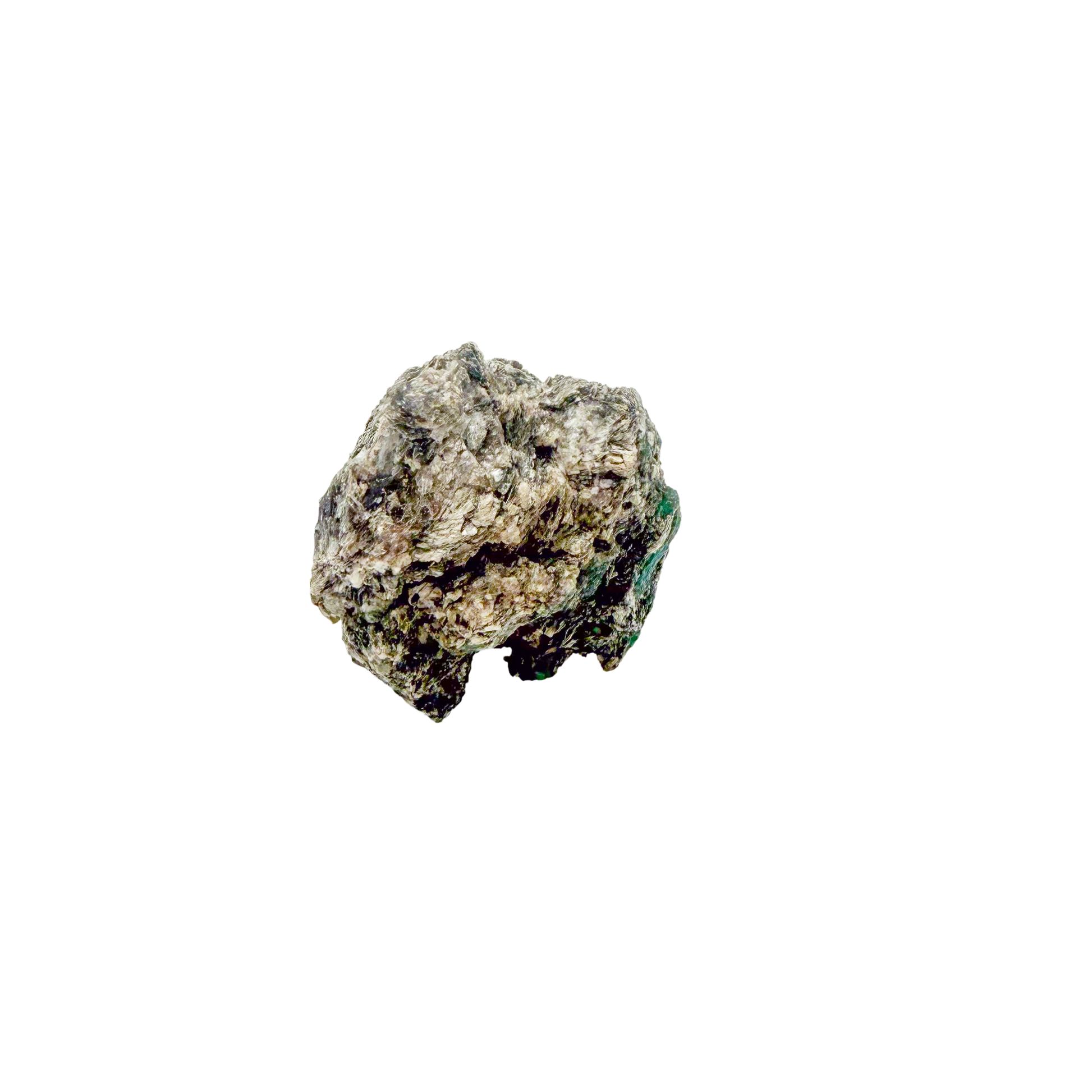 Raw emerald in matrix, side view showing green crystal pockets