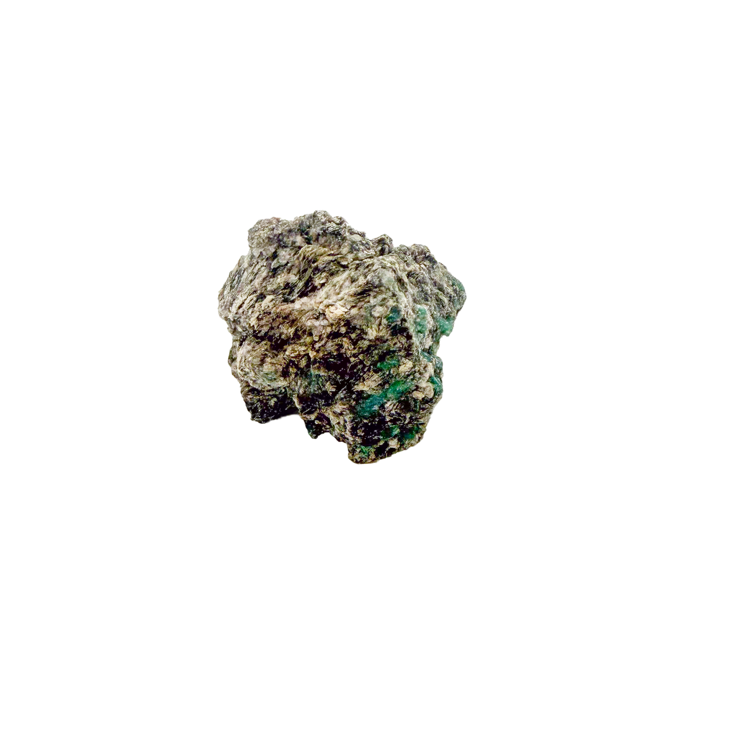 Raw emerald specimen, angled view of green beryl and silvery mica schist