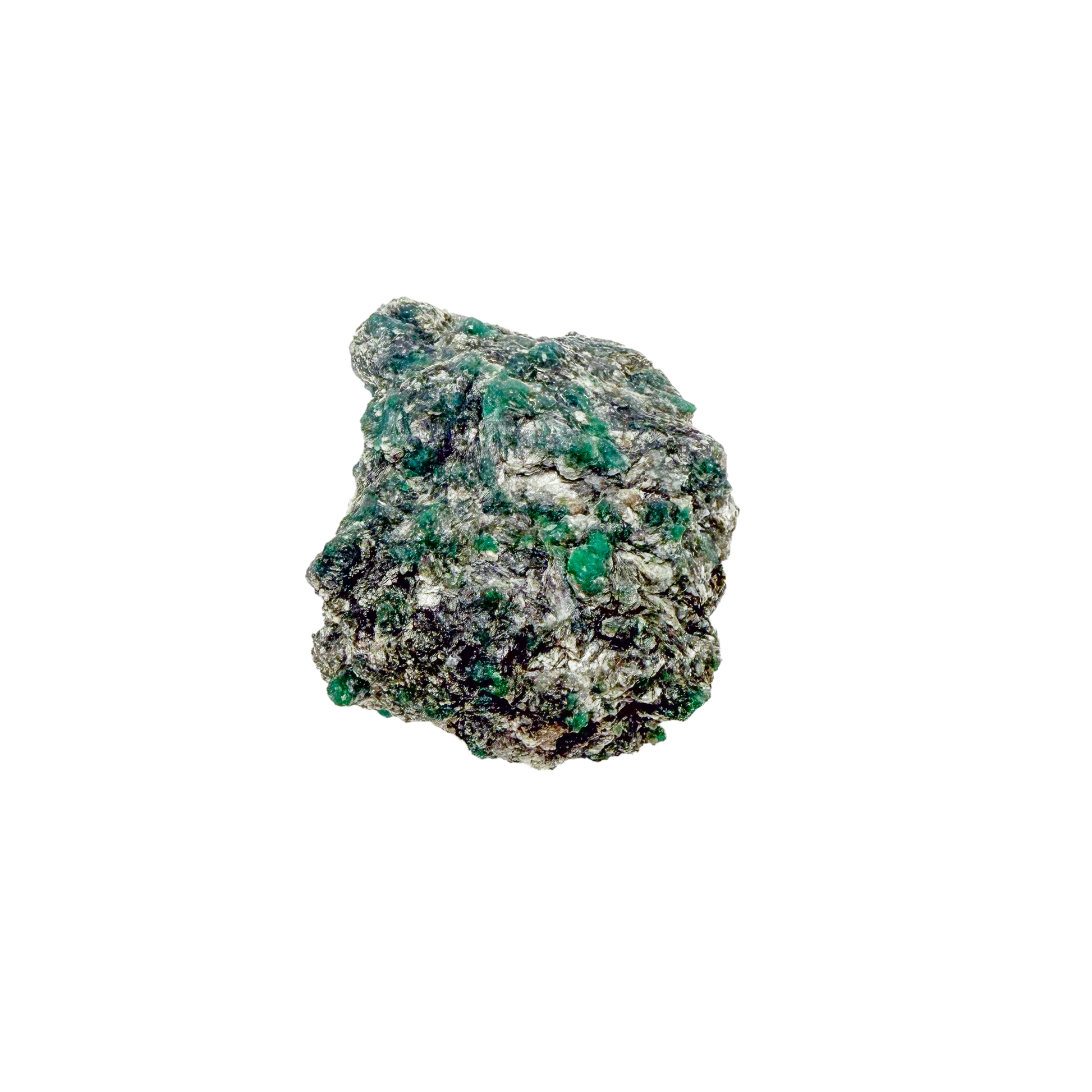 Raw emerald in matrix, side view showing green crystal pockets