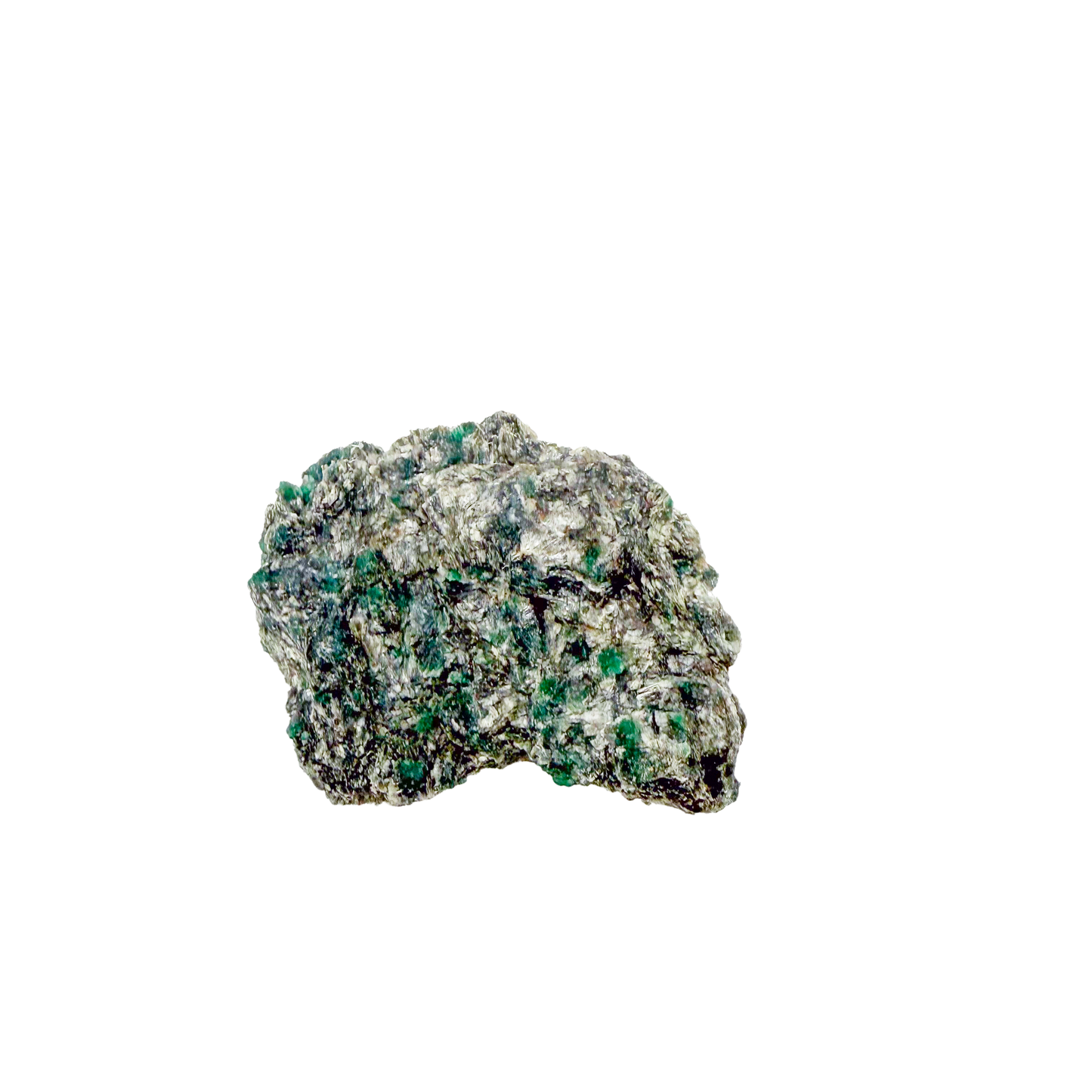 Raw emerald specimen in mica-schist matrix from Zimbabwe, AA grade, green beryl speckled through host rock