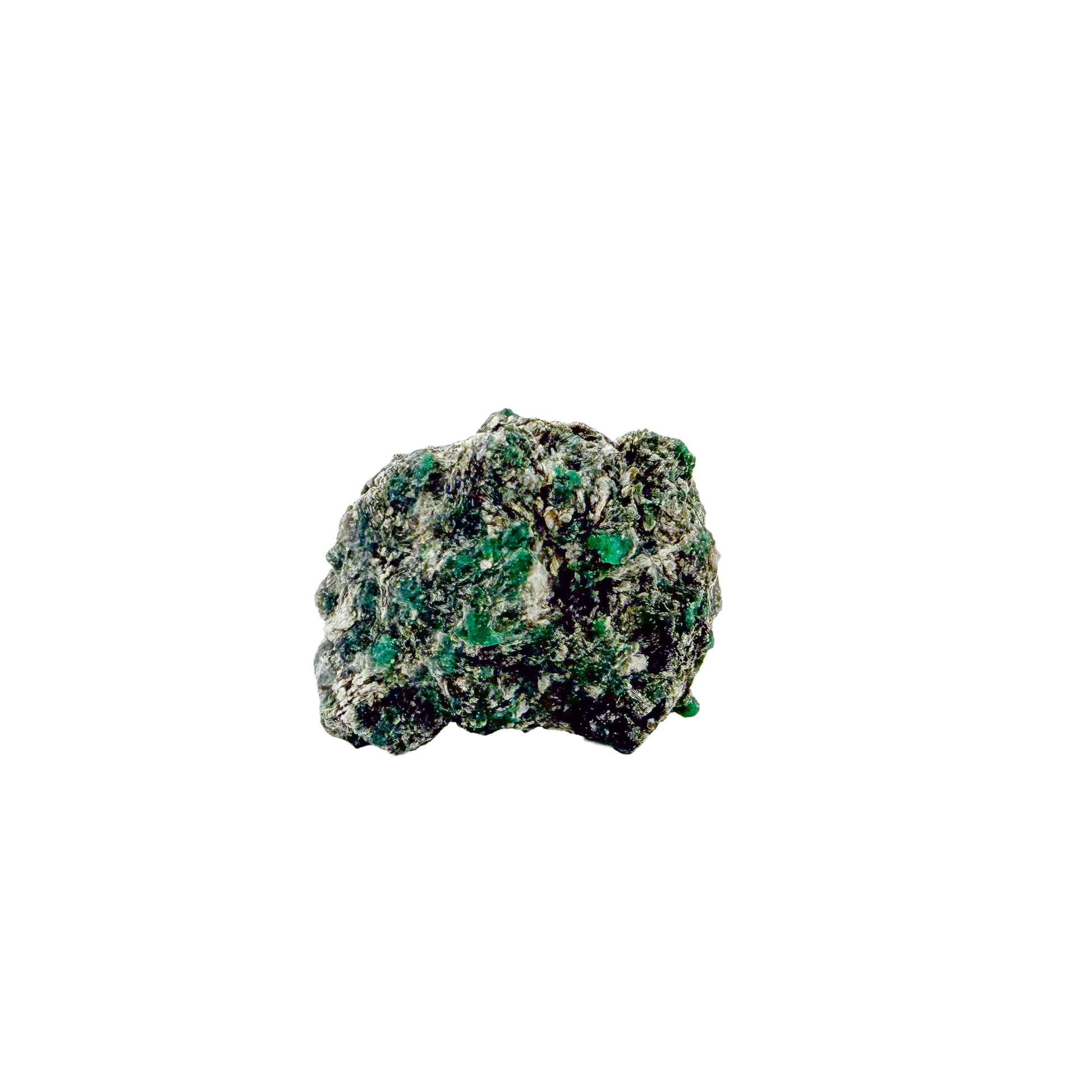 Raw emerald specimen, angled view of green beryl and silvery mica schist