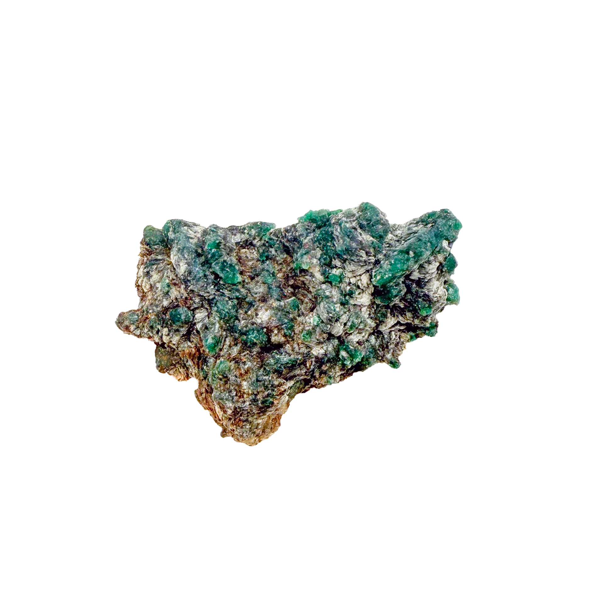 Raw emerald specimen in mica-schist matrix from Zimbabwe, AA grade, wide view of green beryl
