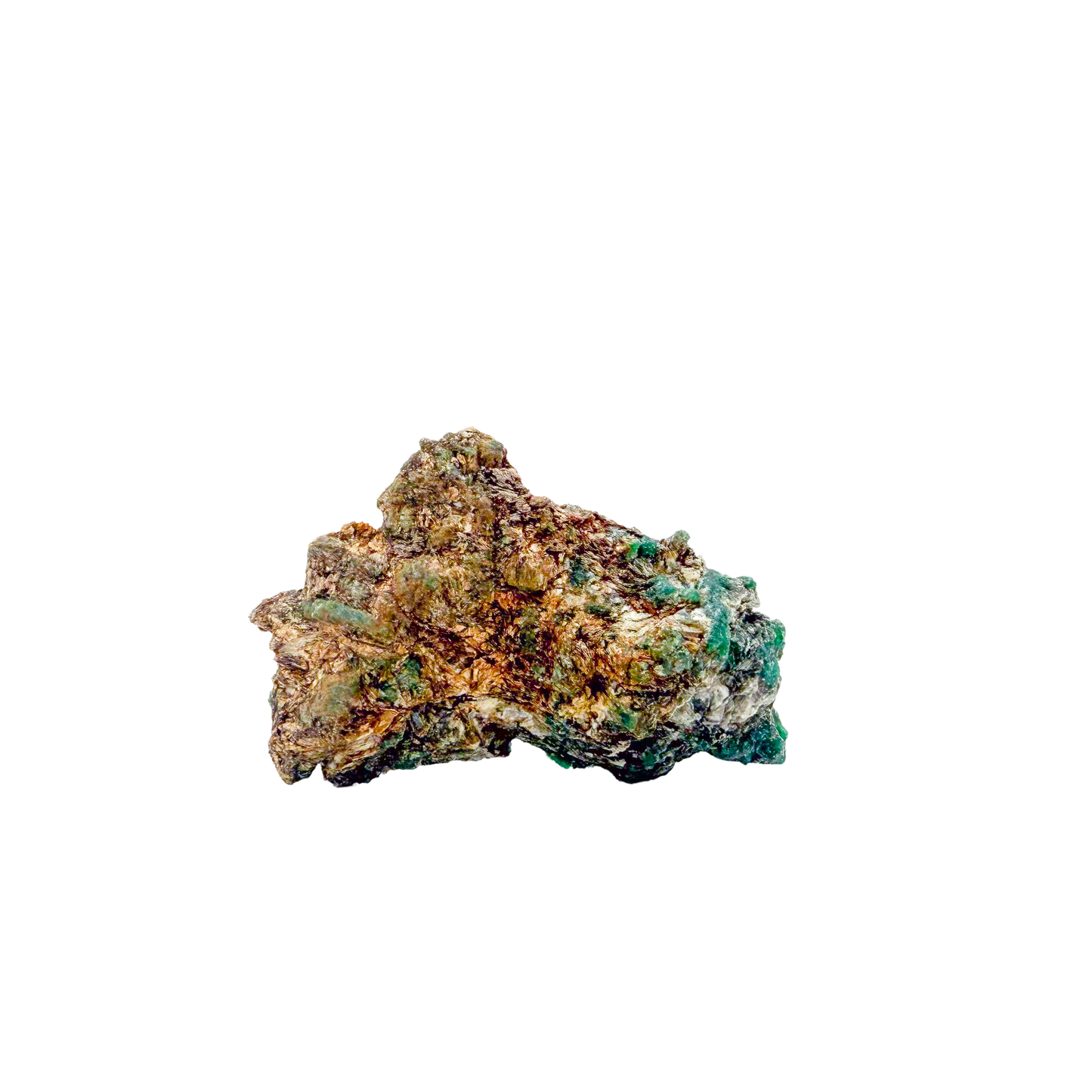 Raw emerald specimen, angled view of green beryl and silvery mica schist