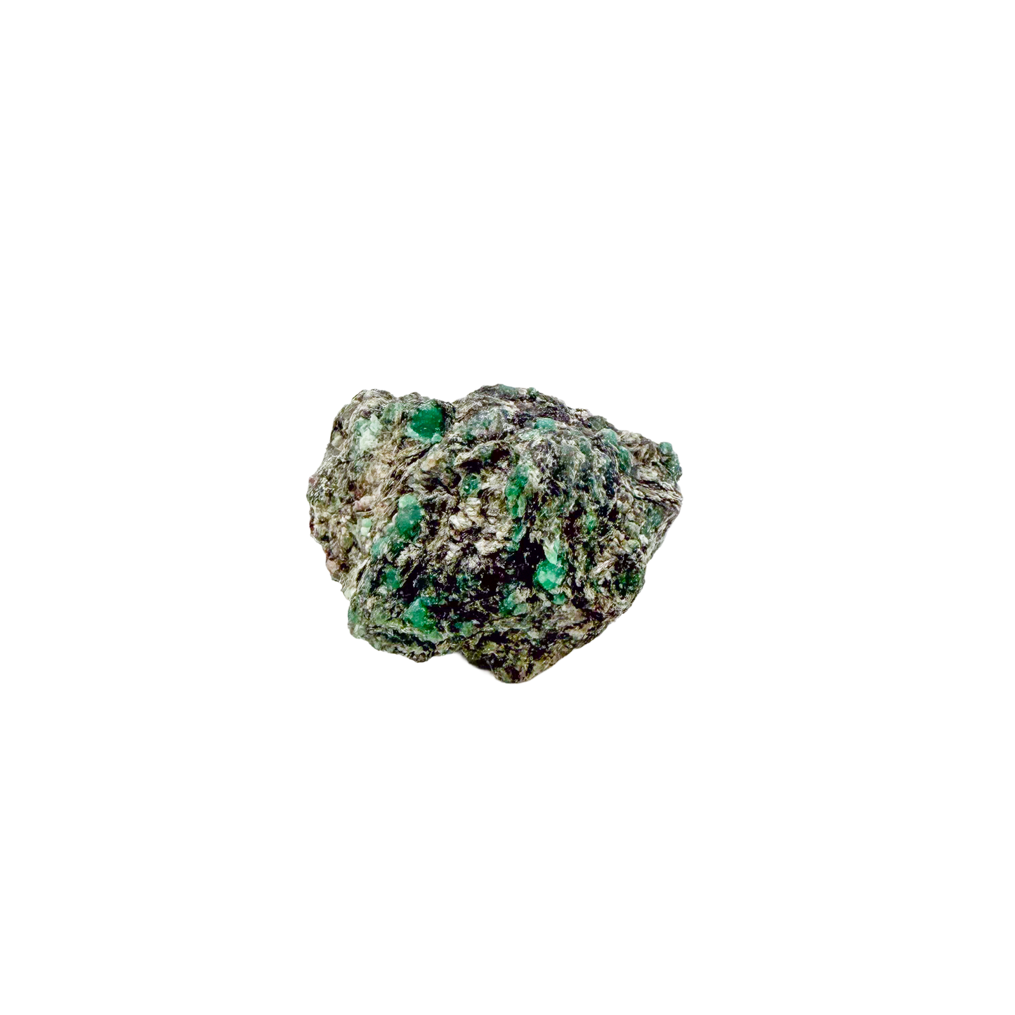 Raw emerald specimen from Zimbabwe, front view of green beryl in matrix