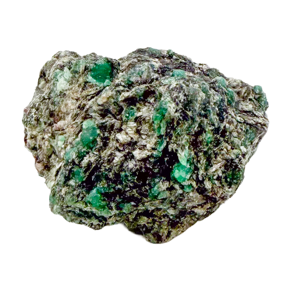 Raw emerald specimen from Zimbabwe, front view of green beryl in matrix