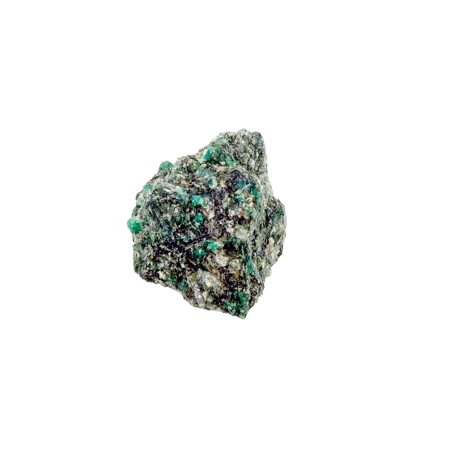 Raw emerald in matrix, side view showing green crystal pockets