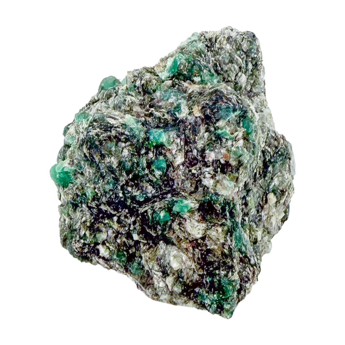 Raw emerald in matrix, side view showing green crystal pockets