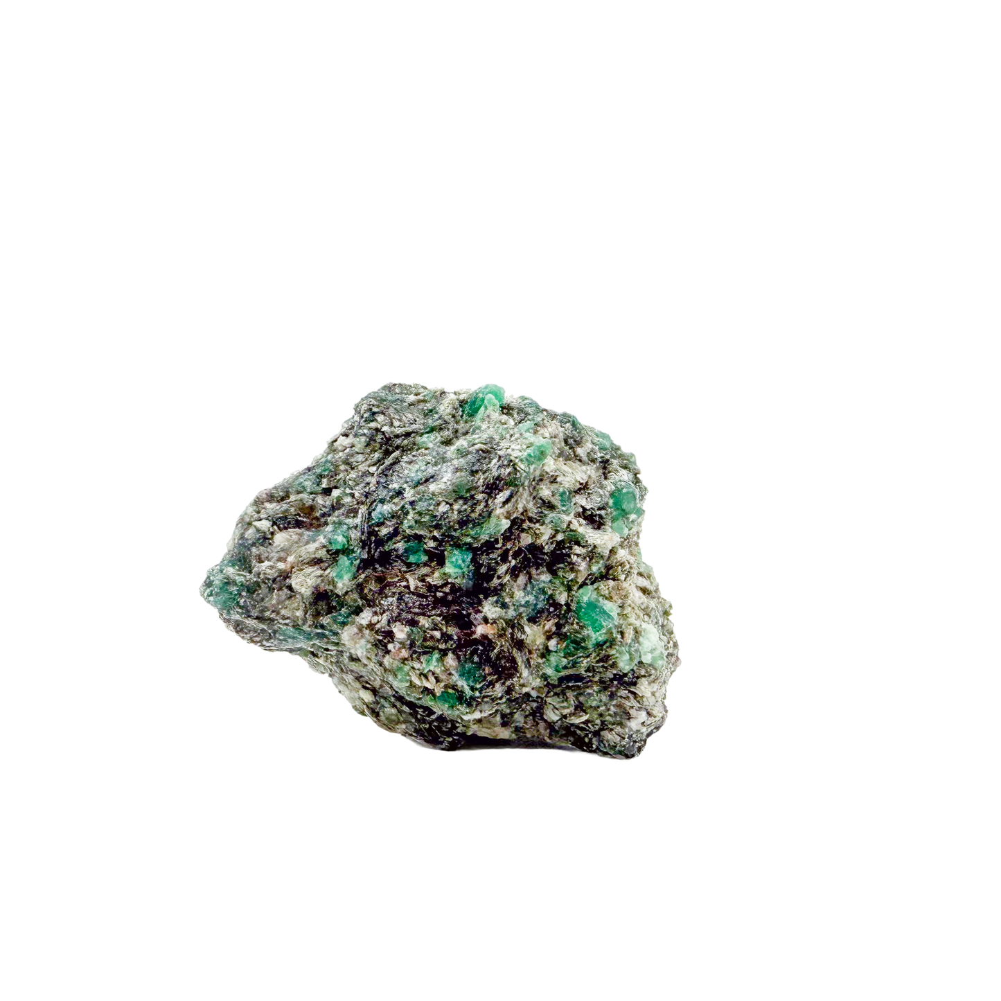 Raw emerald specimen, angled view of green beryl and silvery mica schist
