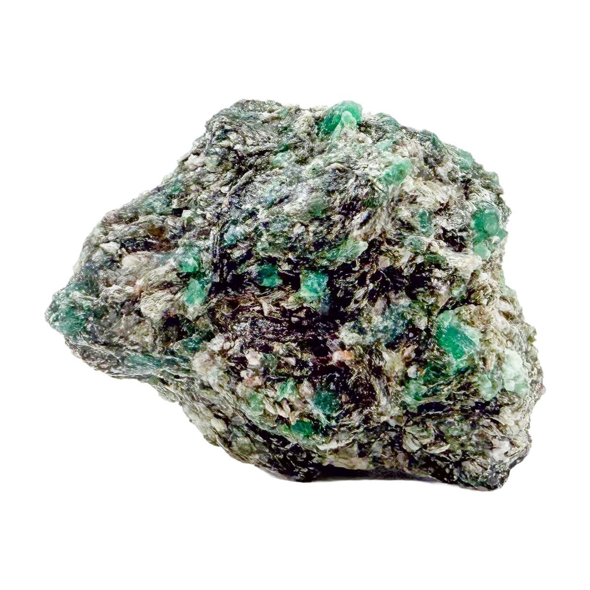 Raw emerald specimen, angled view of green beryl and silvery mica schist