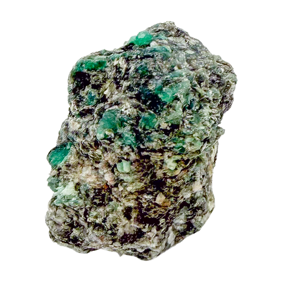 Raw emerald specimen, rear view of natural host rock