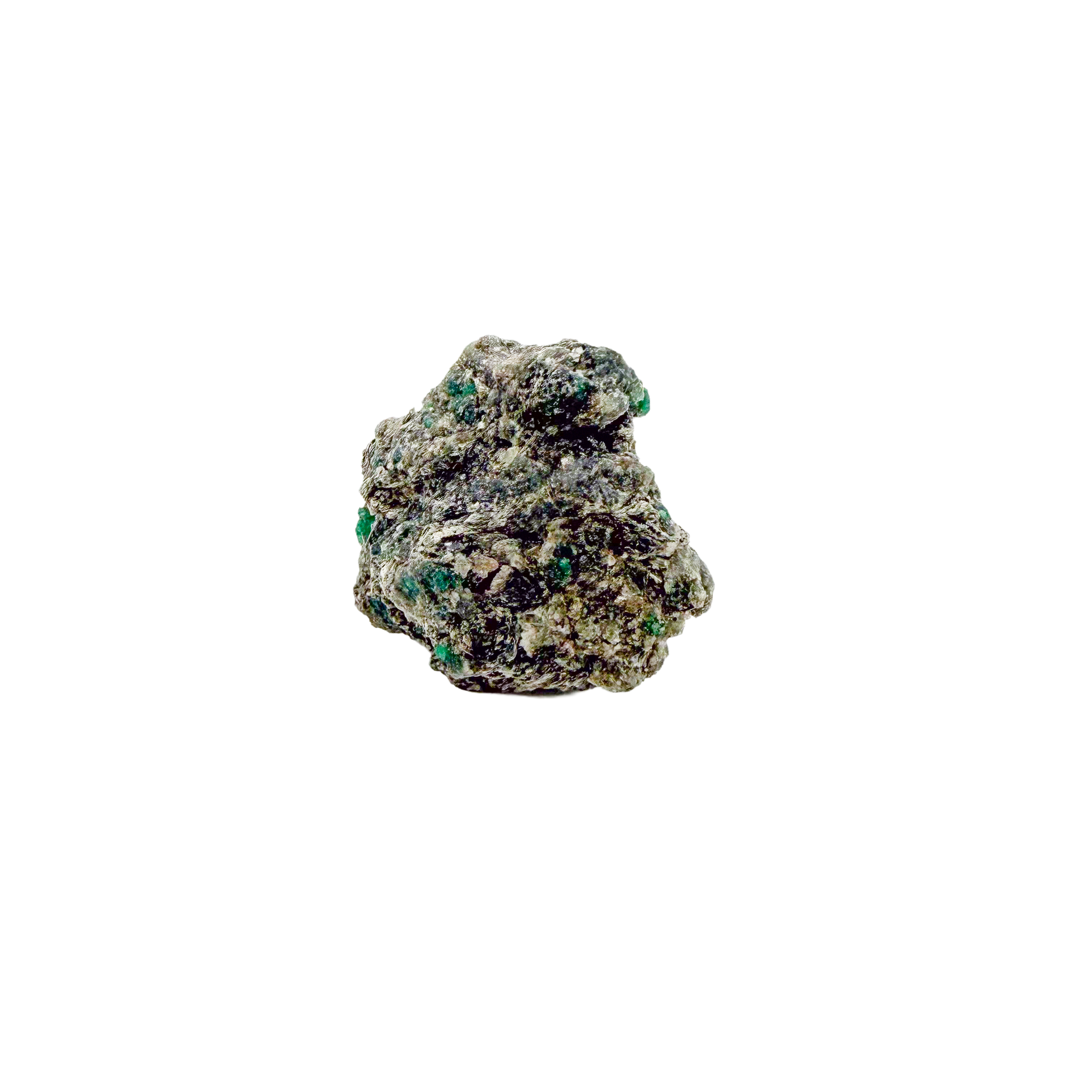 Raw emerald specimen from Zimbabwe, front view of green beryl in matrix