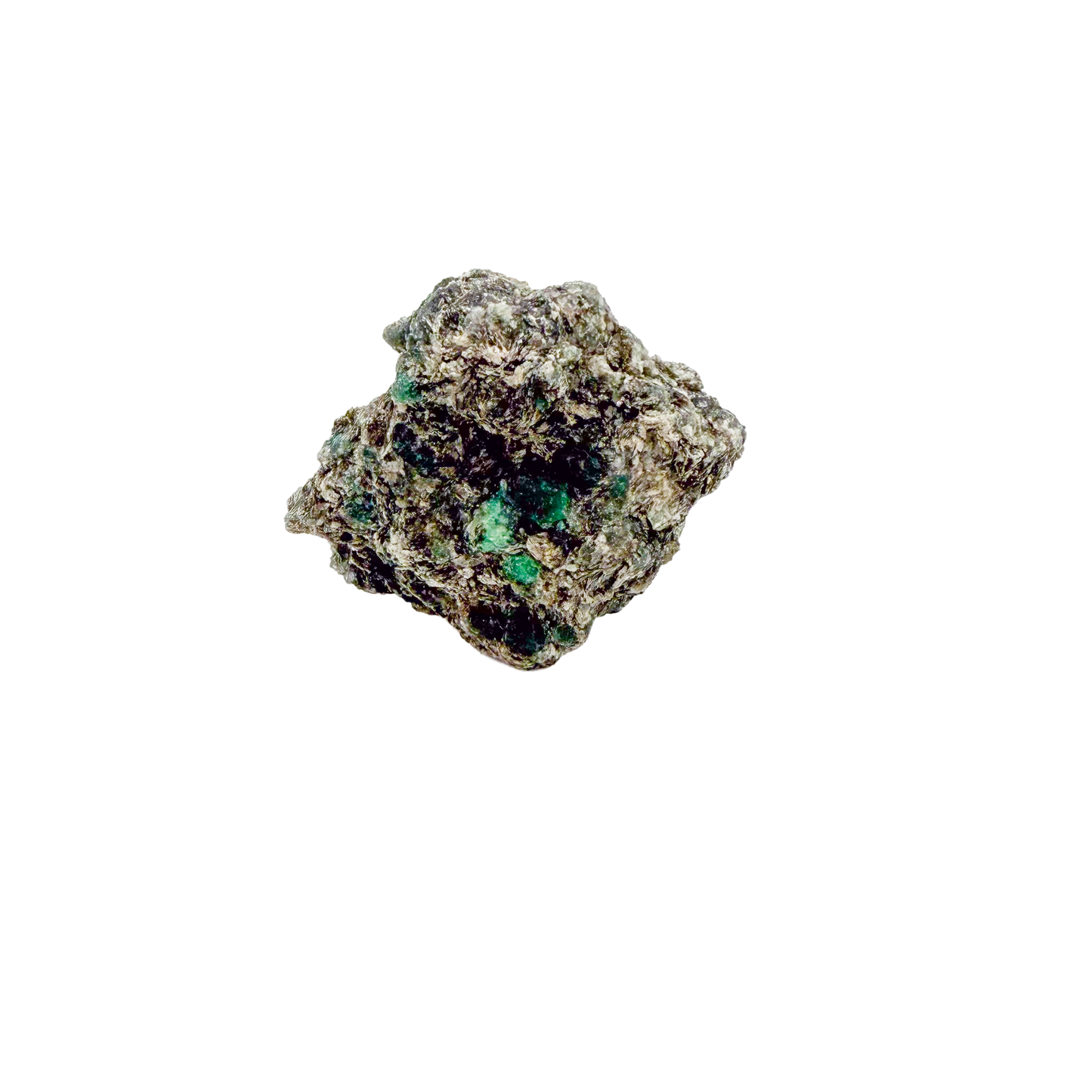 Raw emerald in matrix, side view showing green crystal pockets