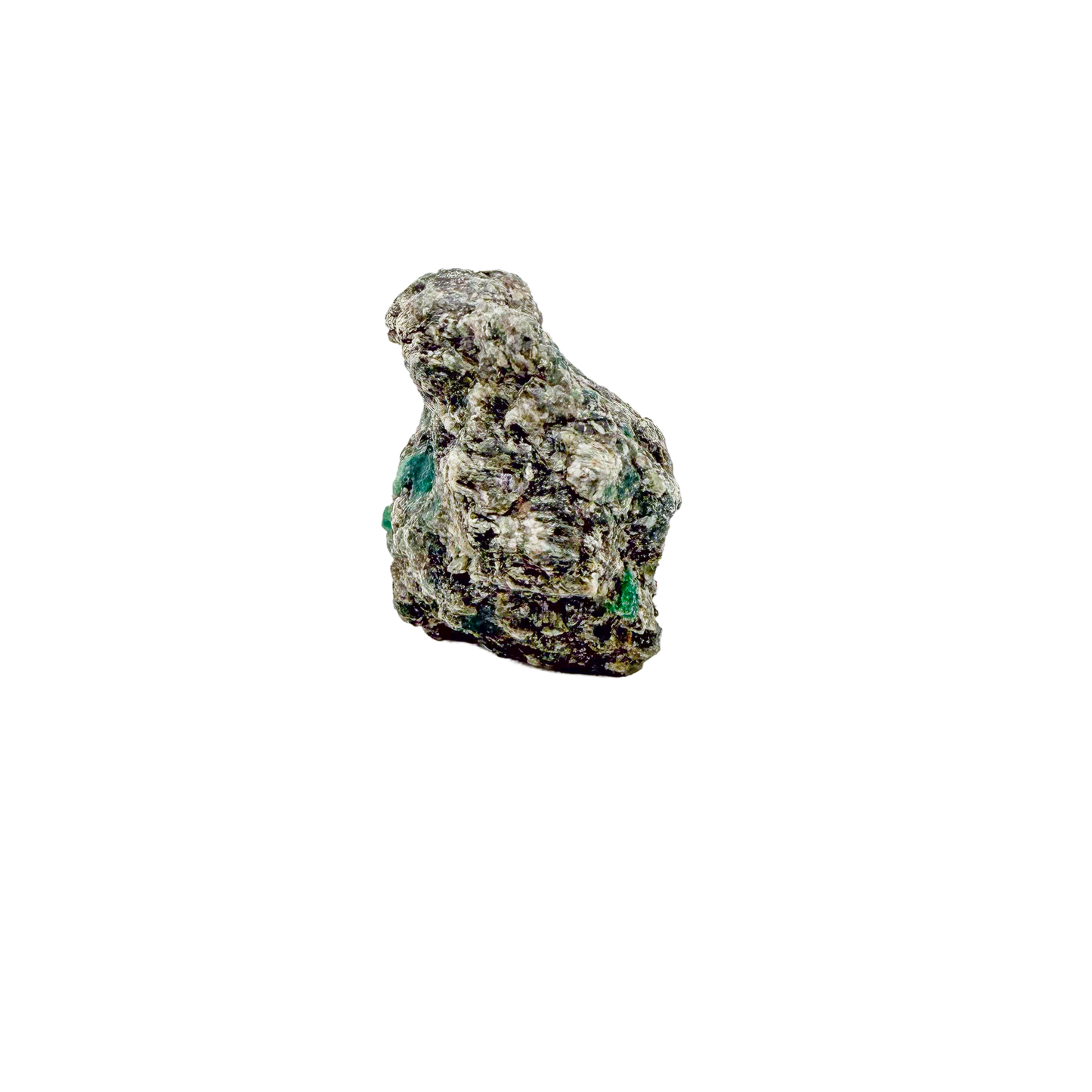 Raw emerald specimen, angled view of green beryl and silvery mica schist