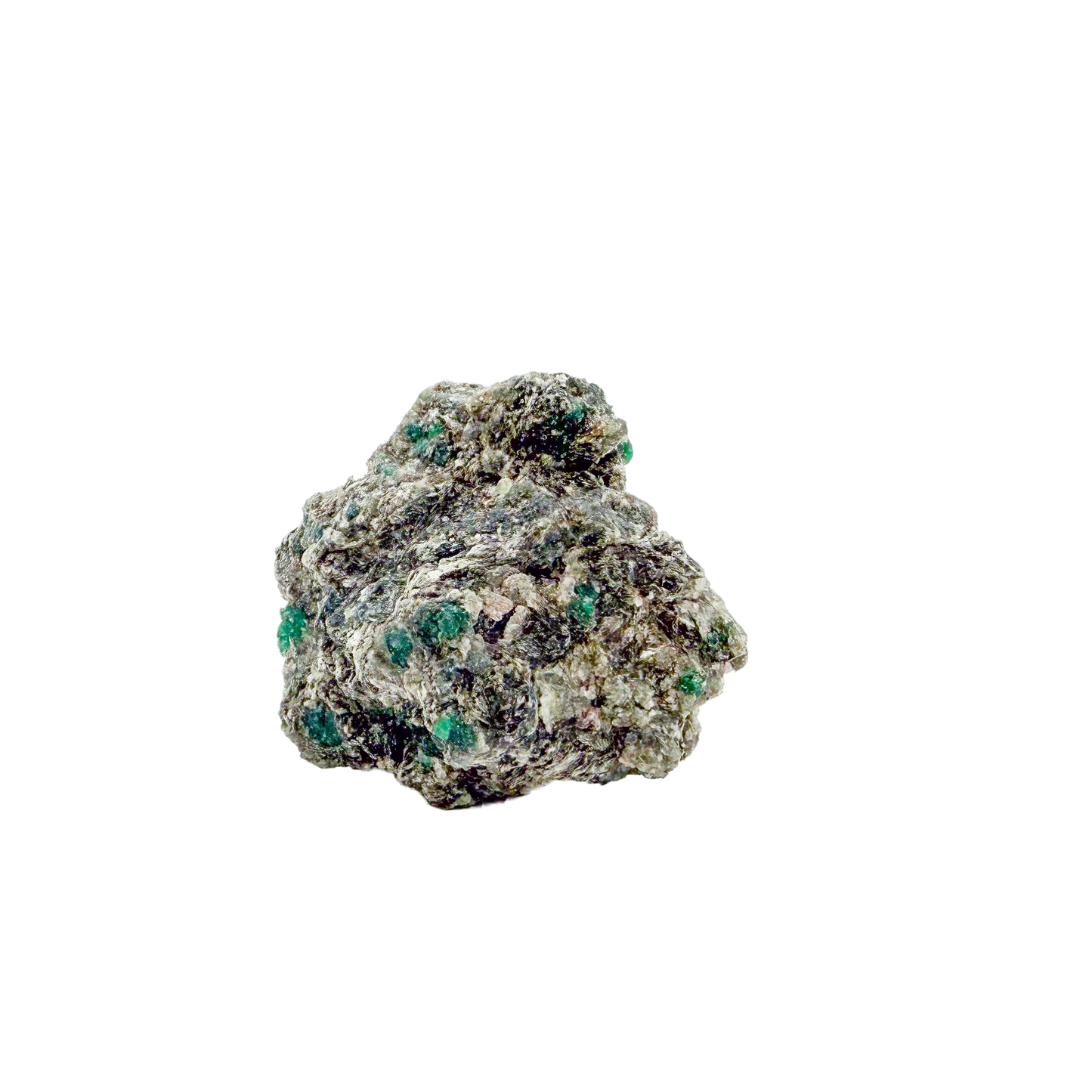 Raw emerald specimen in mica-schist matrix from Zimbabwe, AA grade, green beryl speckled through host rock