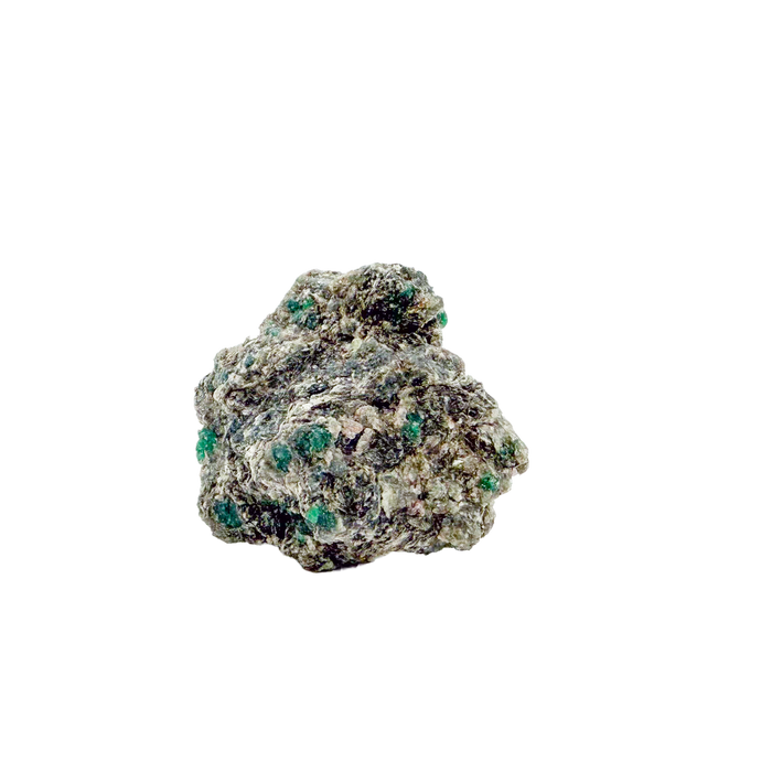 Raw emerald specimen in mica-schist matrix from Zimbabwe, AA grade, green beryl speckled through host rock