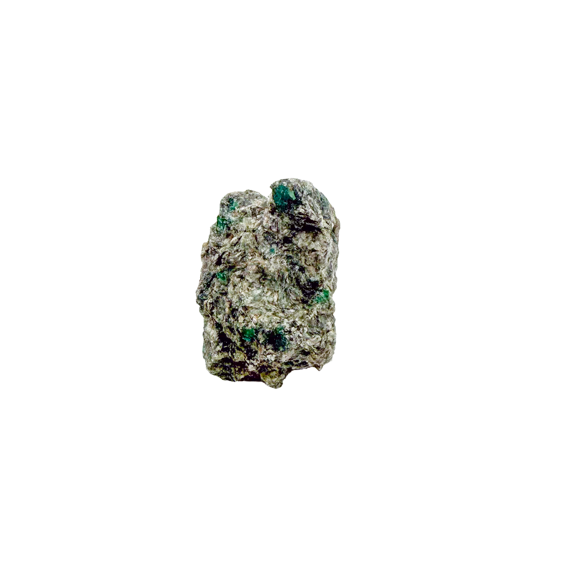 Raw emerald in matrix, side view showing green crystal pockets