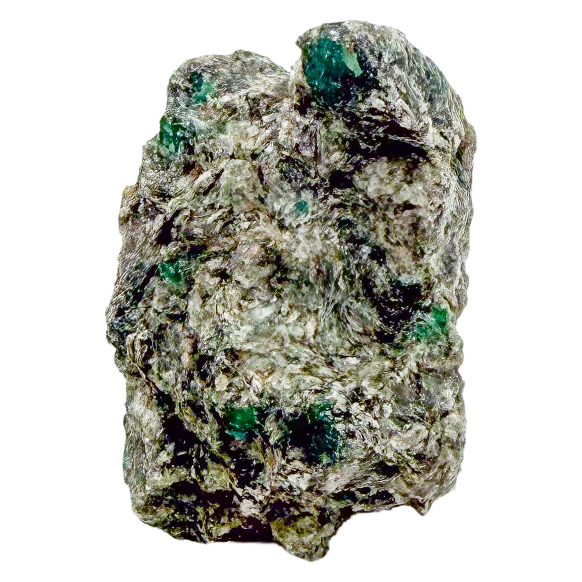 Raw emerald in matrix, side view showing green crystal pockets