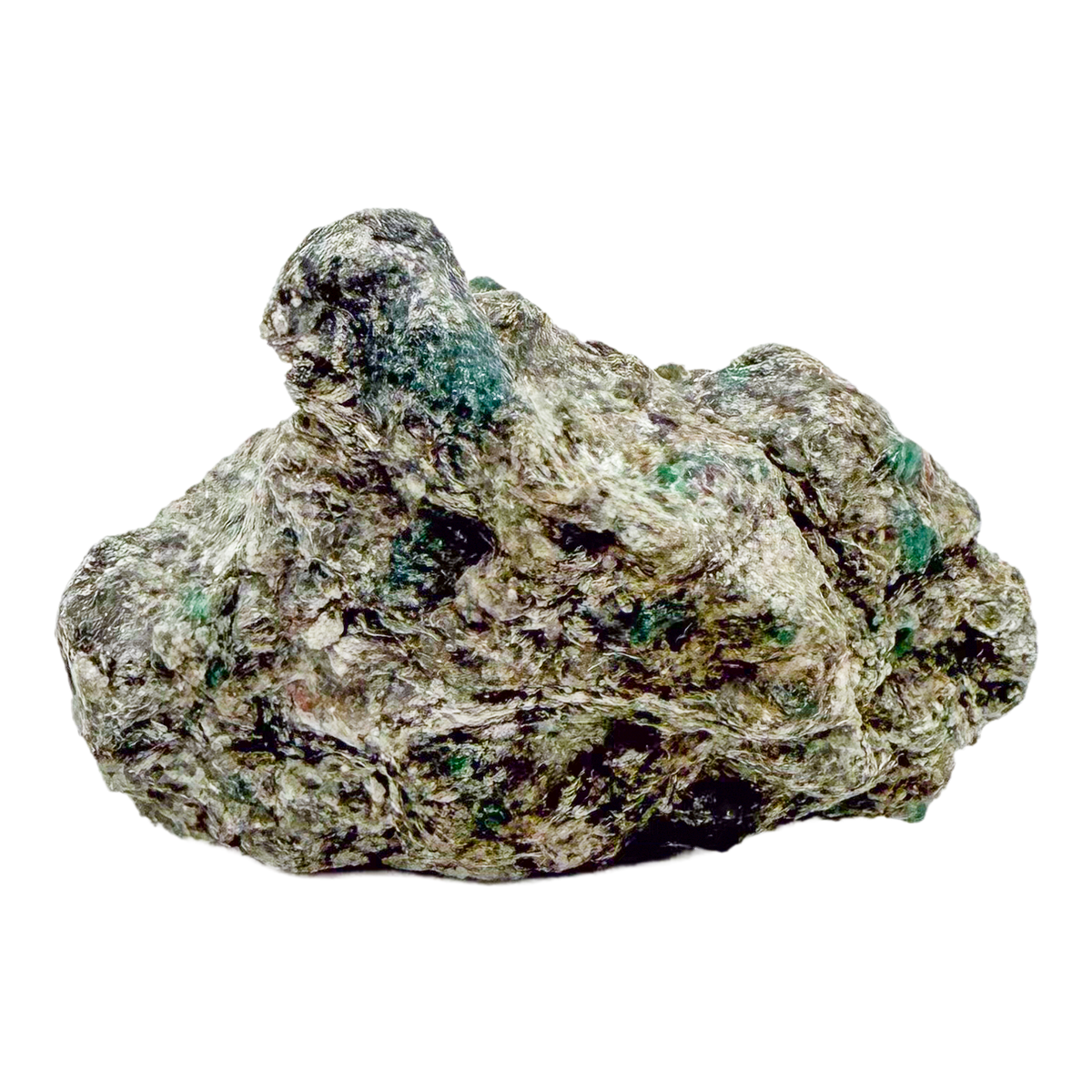 Raw emerald specimen in mica-schist matrix from Zimbabwe, AA grade, green beryl in silvery host rock