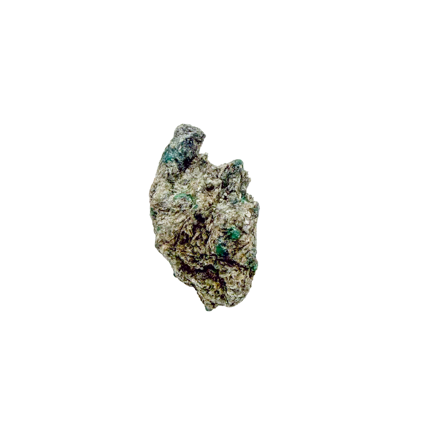 Raw emerald specimen, angled view of green beryl and silvery mica schist