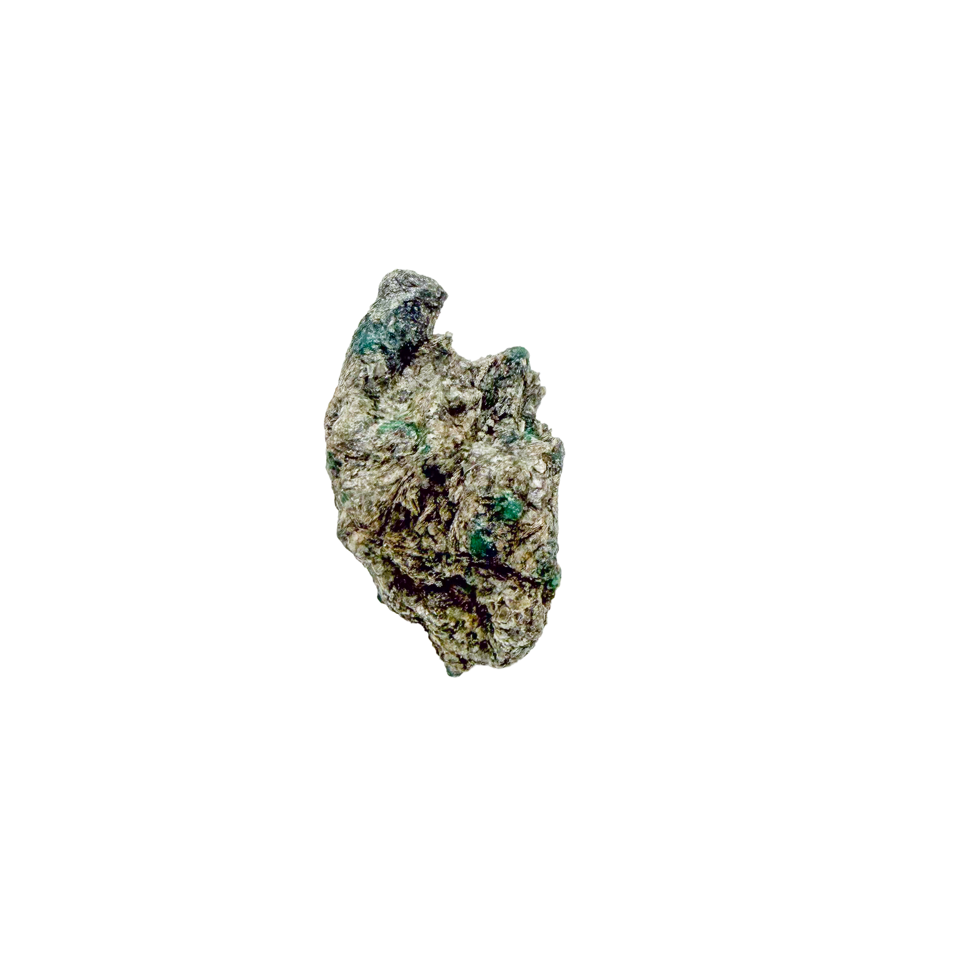 Raw emerald specimen, angled view of green beryl and silvery mica schist