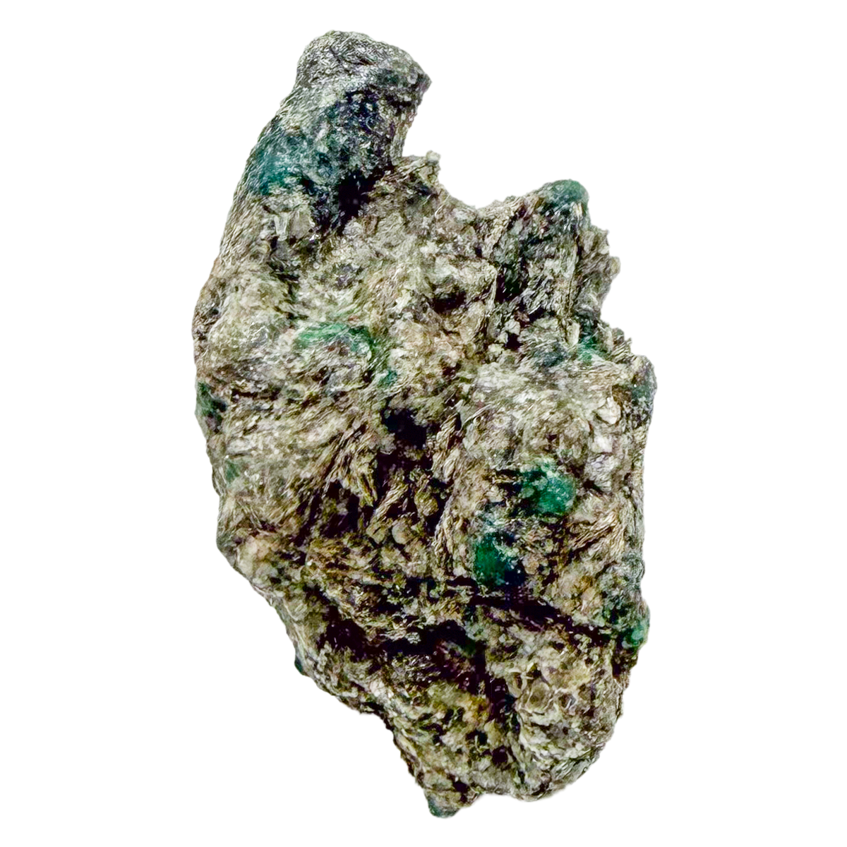 Raw emerald specimen, angled view of green beryl and silvery mica schist
