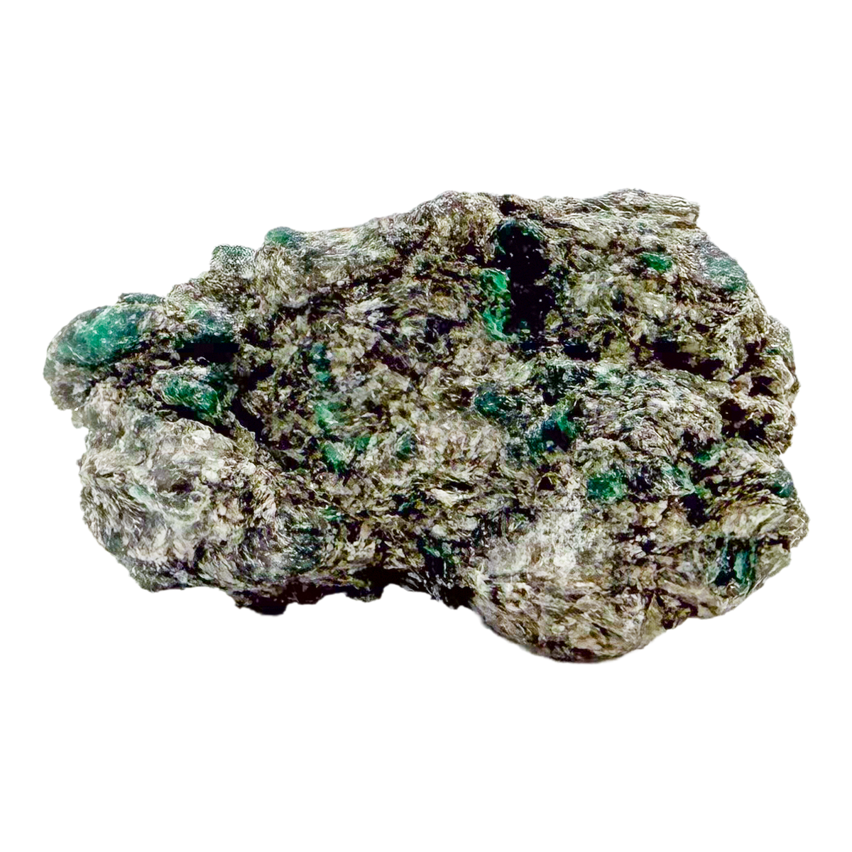 Raw emerald specimen from Zimbabwe, front view of green beryl in matrix