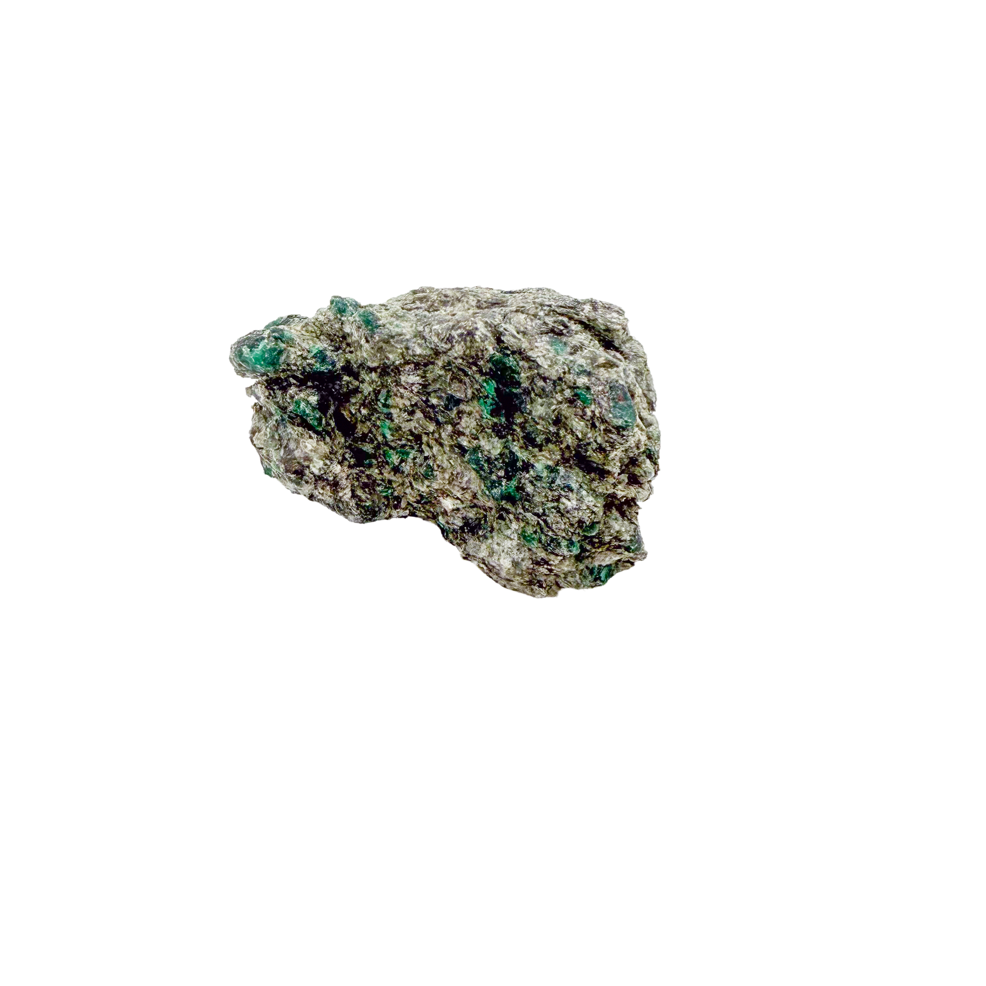 Raw emerald in matrix, side view showing green crystal pockets