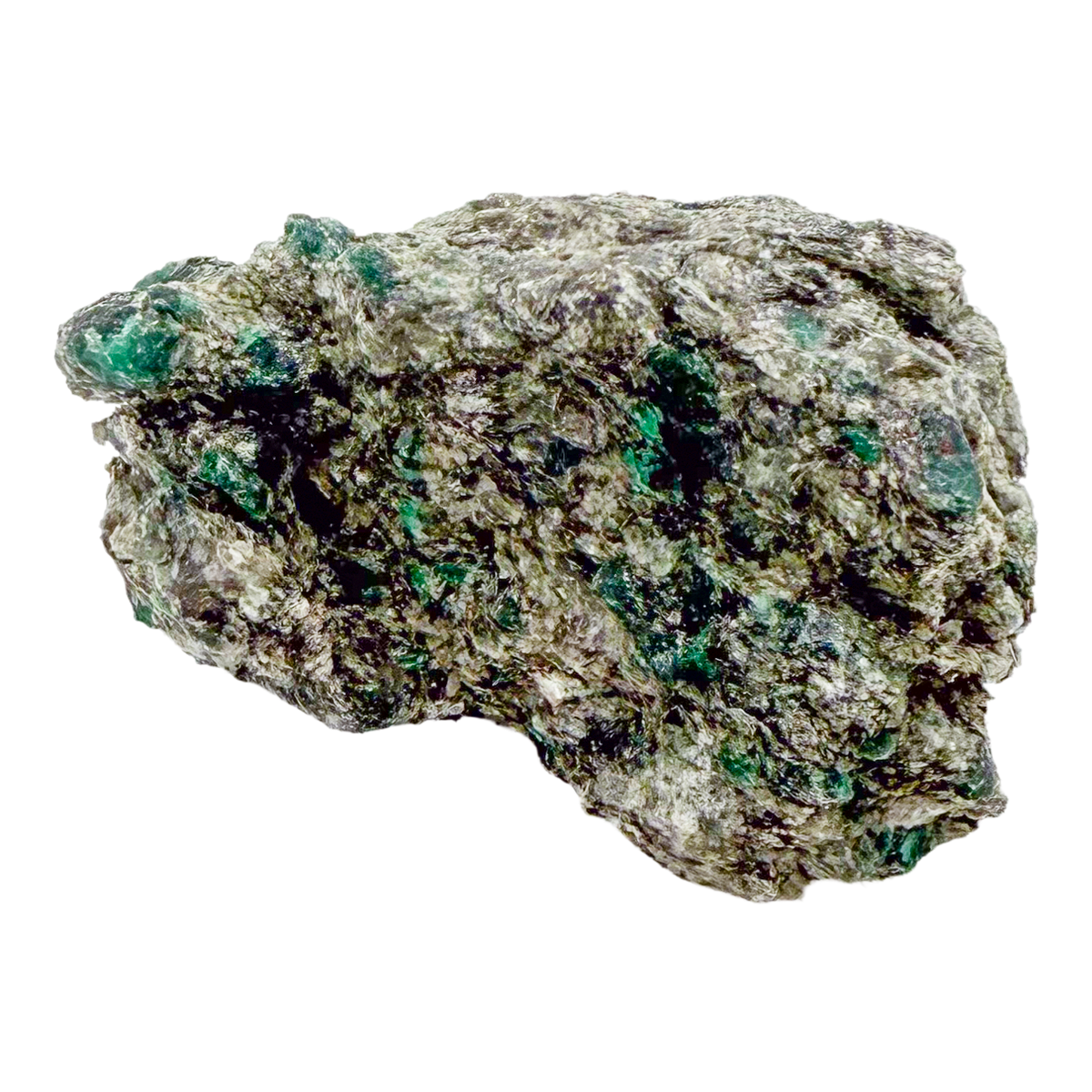 Raw emerald in matrix, side view showing green crystal pockets