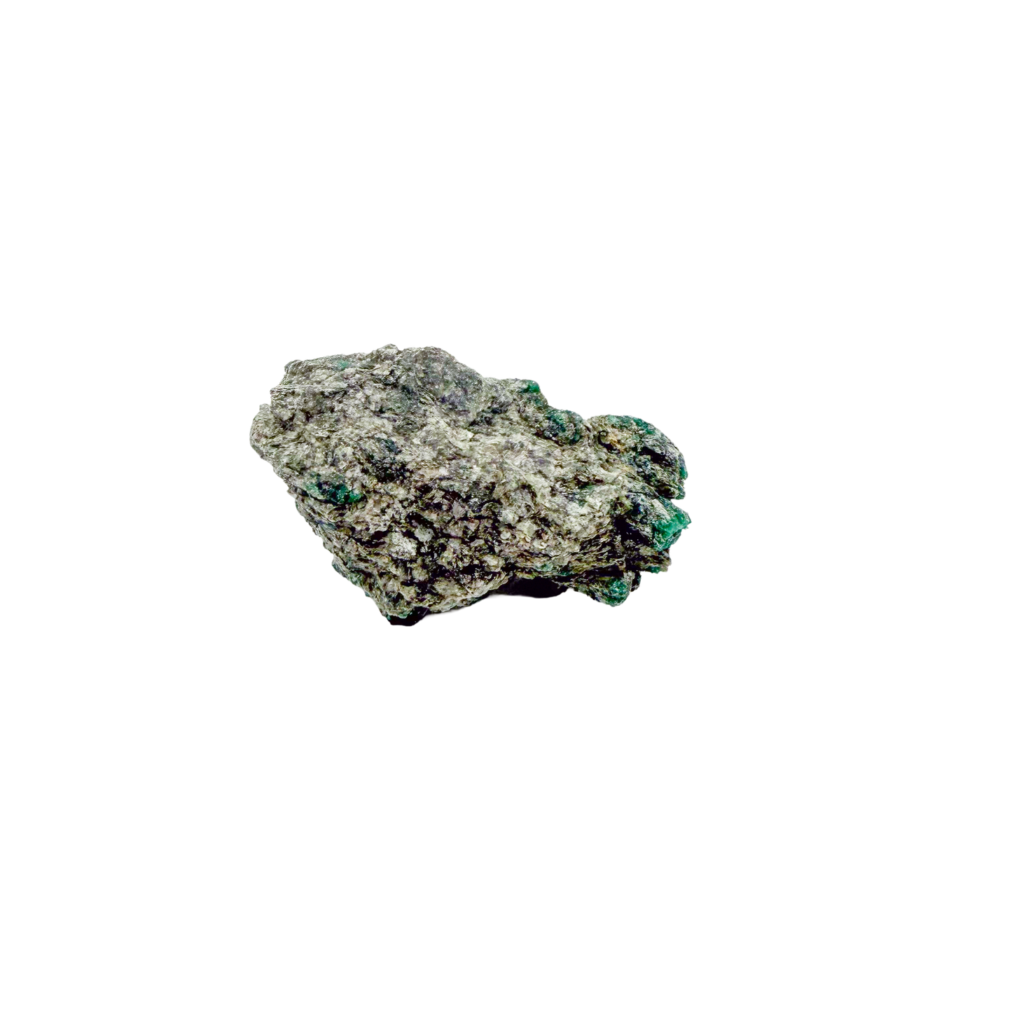 Raw emerald specimen, angled view of green beryl and silvery mica schist